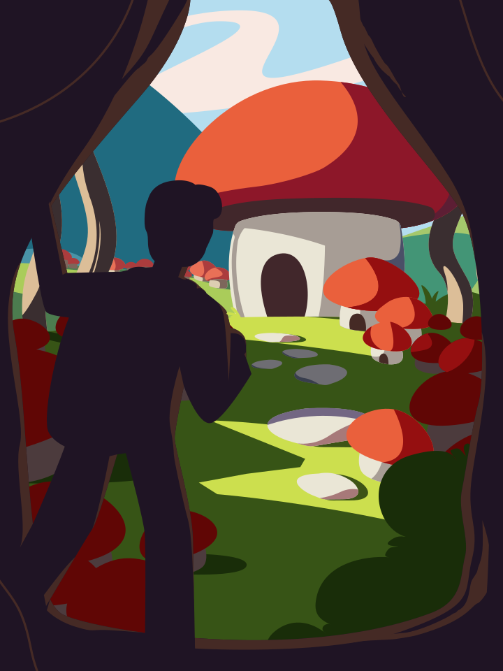 A person standing in front of a mushroom house