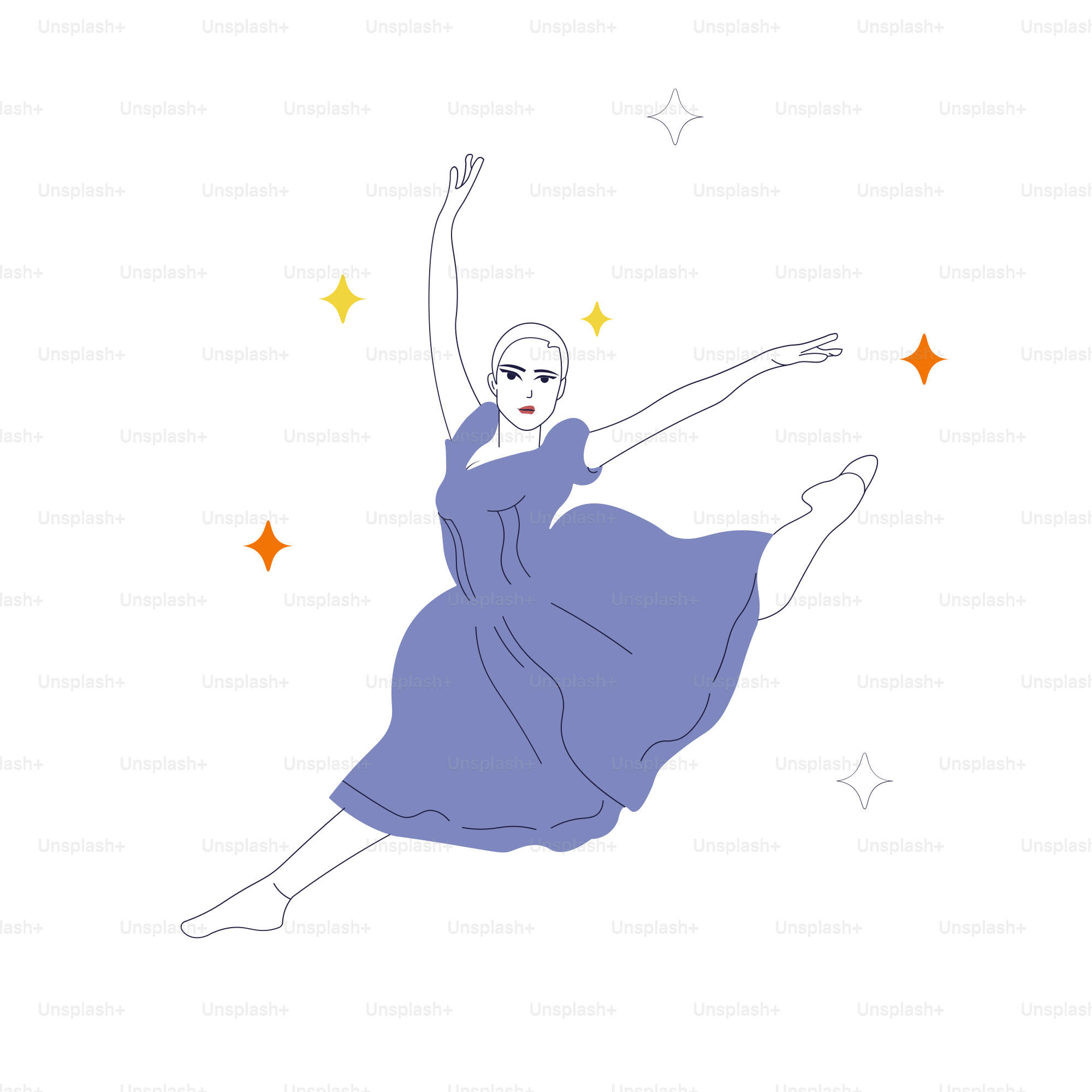 A woman in a blue dress is flying through the air