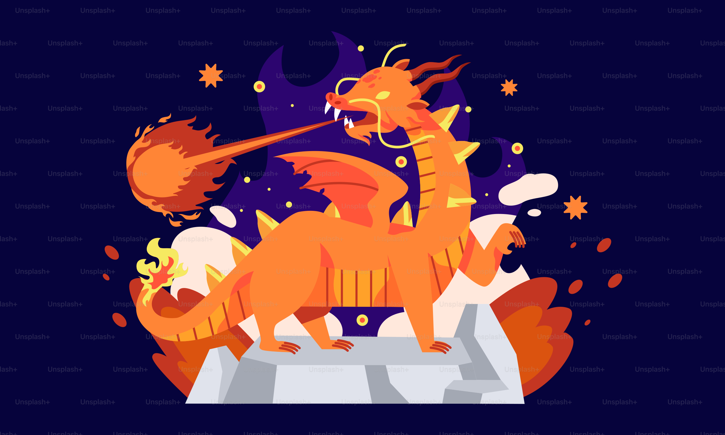 파란 배경에 주황색 용