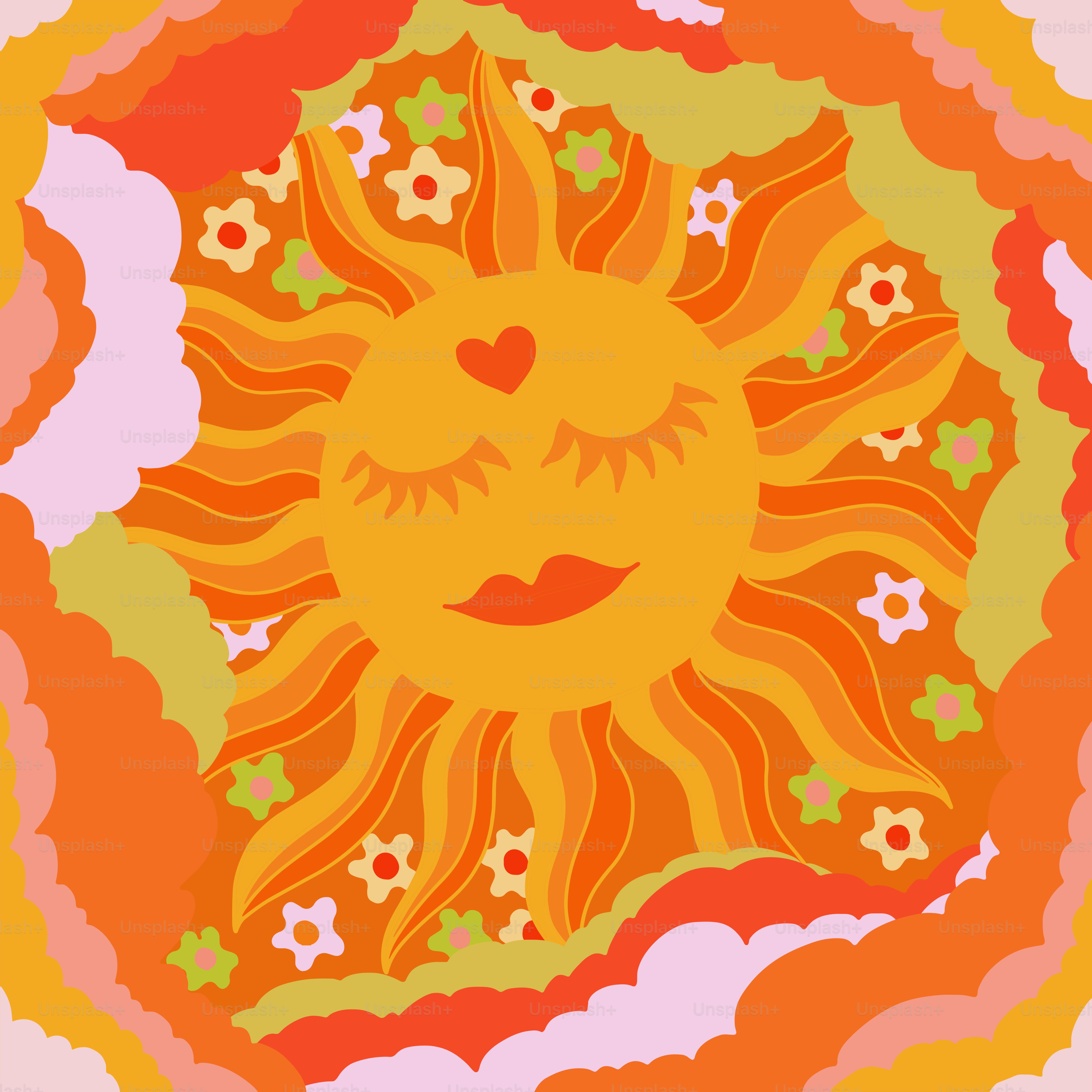 A picture of a sun with clouds and flowers