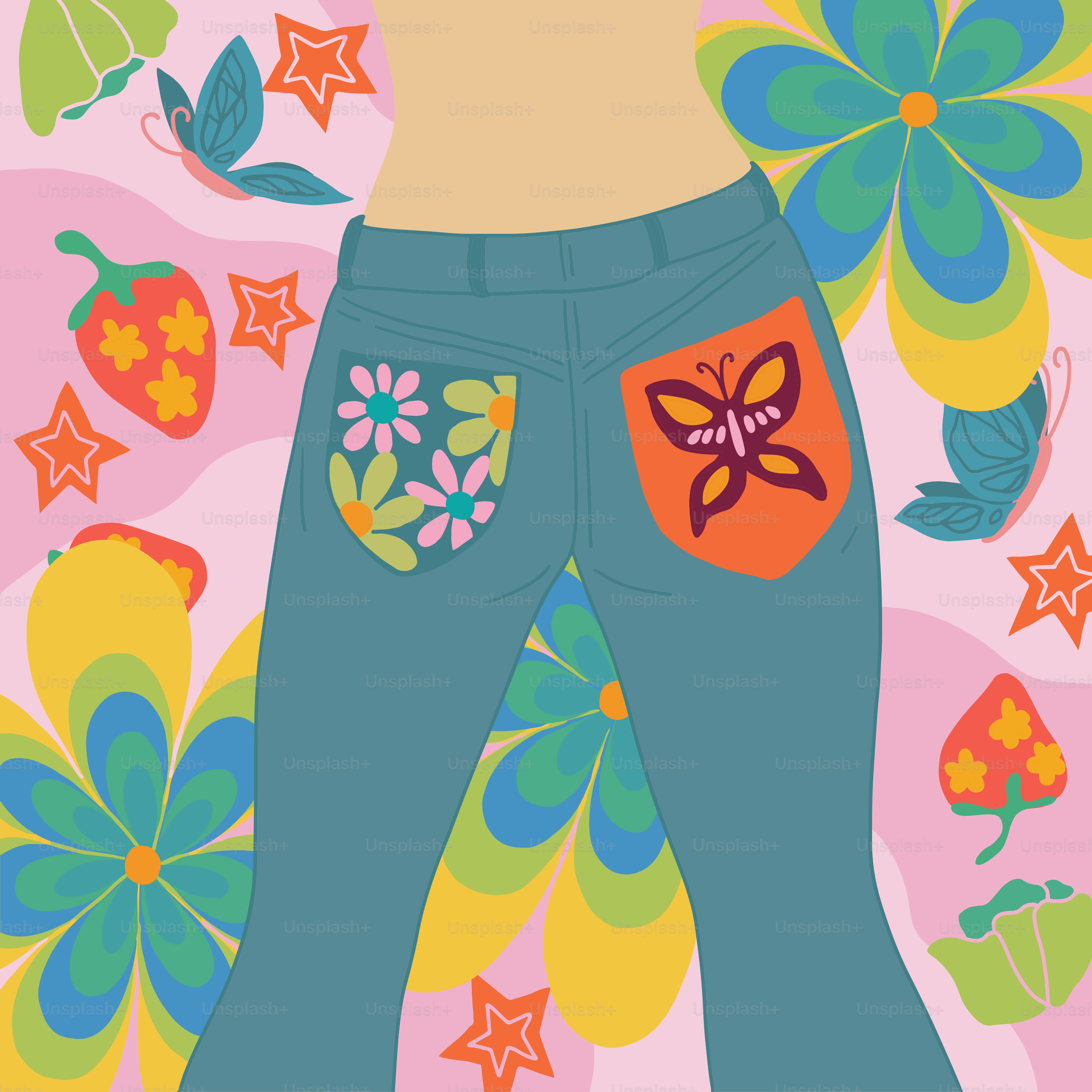 Des jambes de femme ornées de fleurs colorées et de papillons