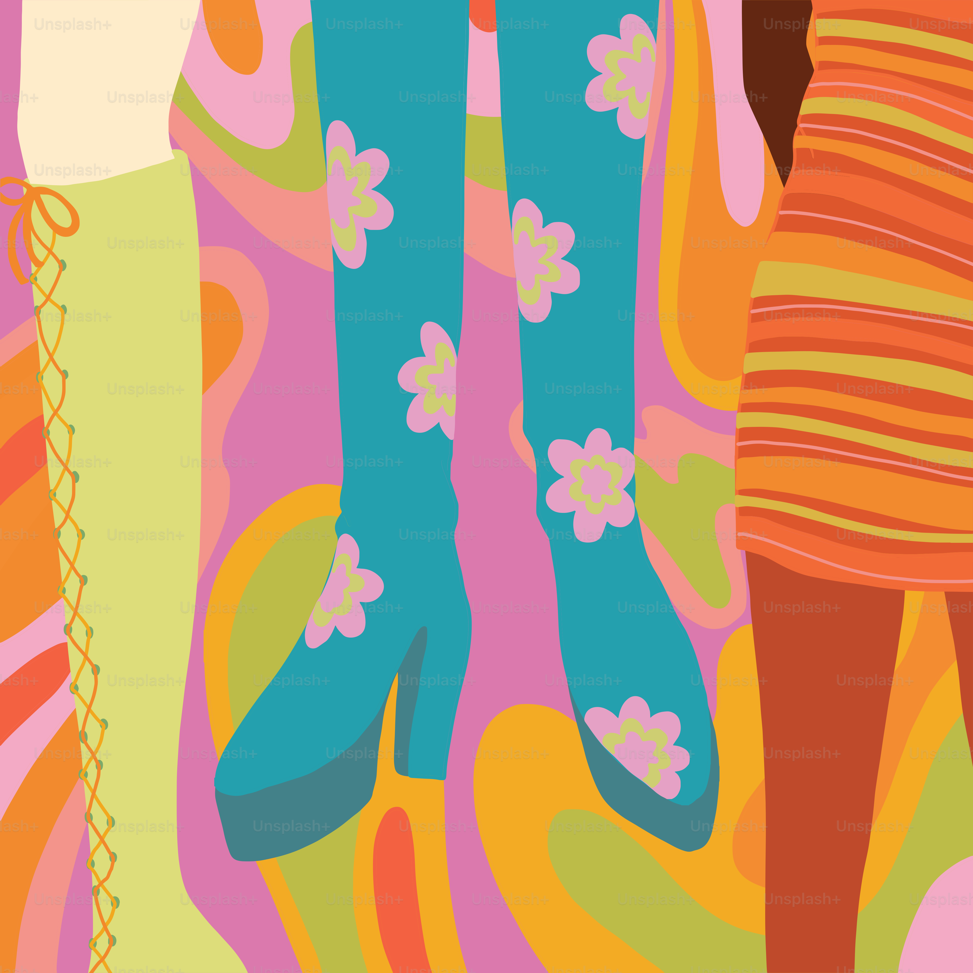 Una pintura de un par de piernas de mujer con calcetines de colores