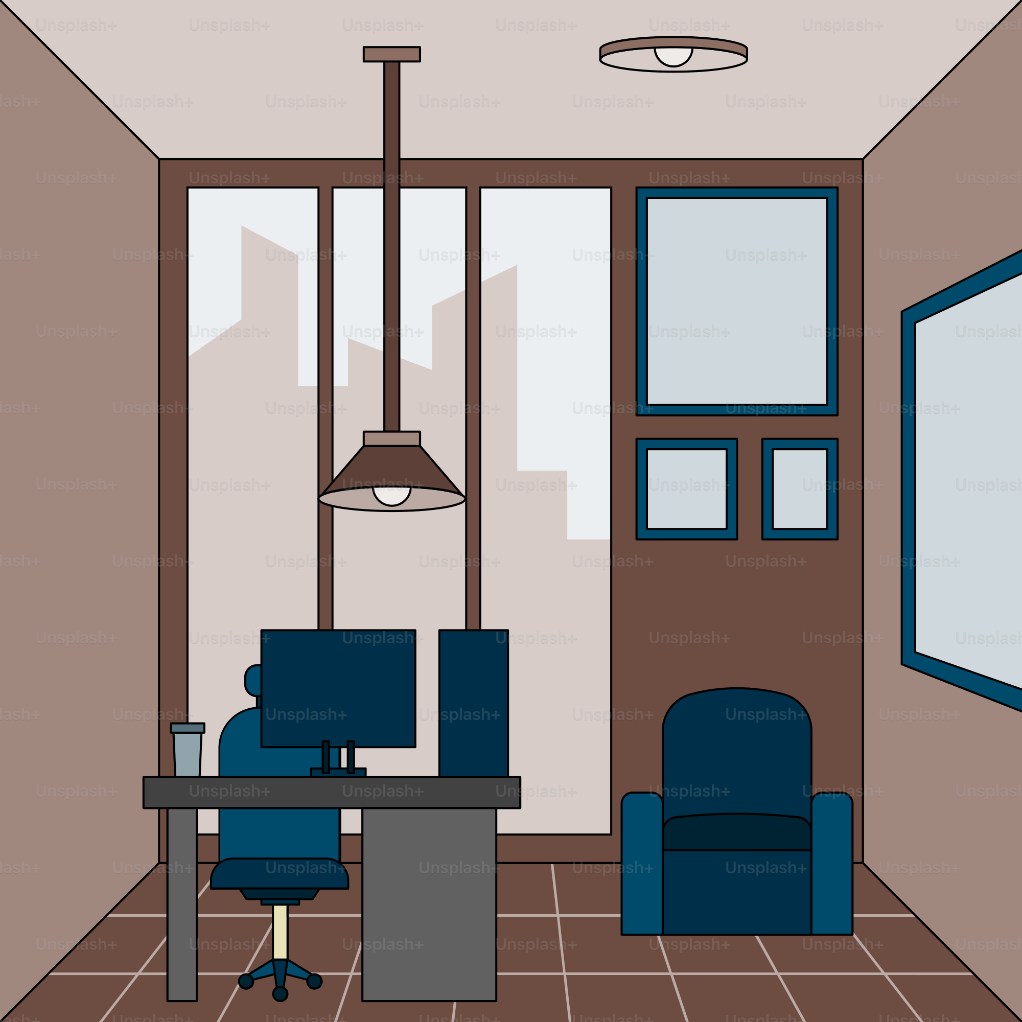 Ein Zimmer mit einem Schreibtisch und einem Stuhl