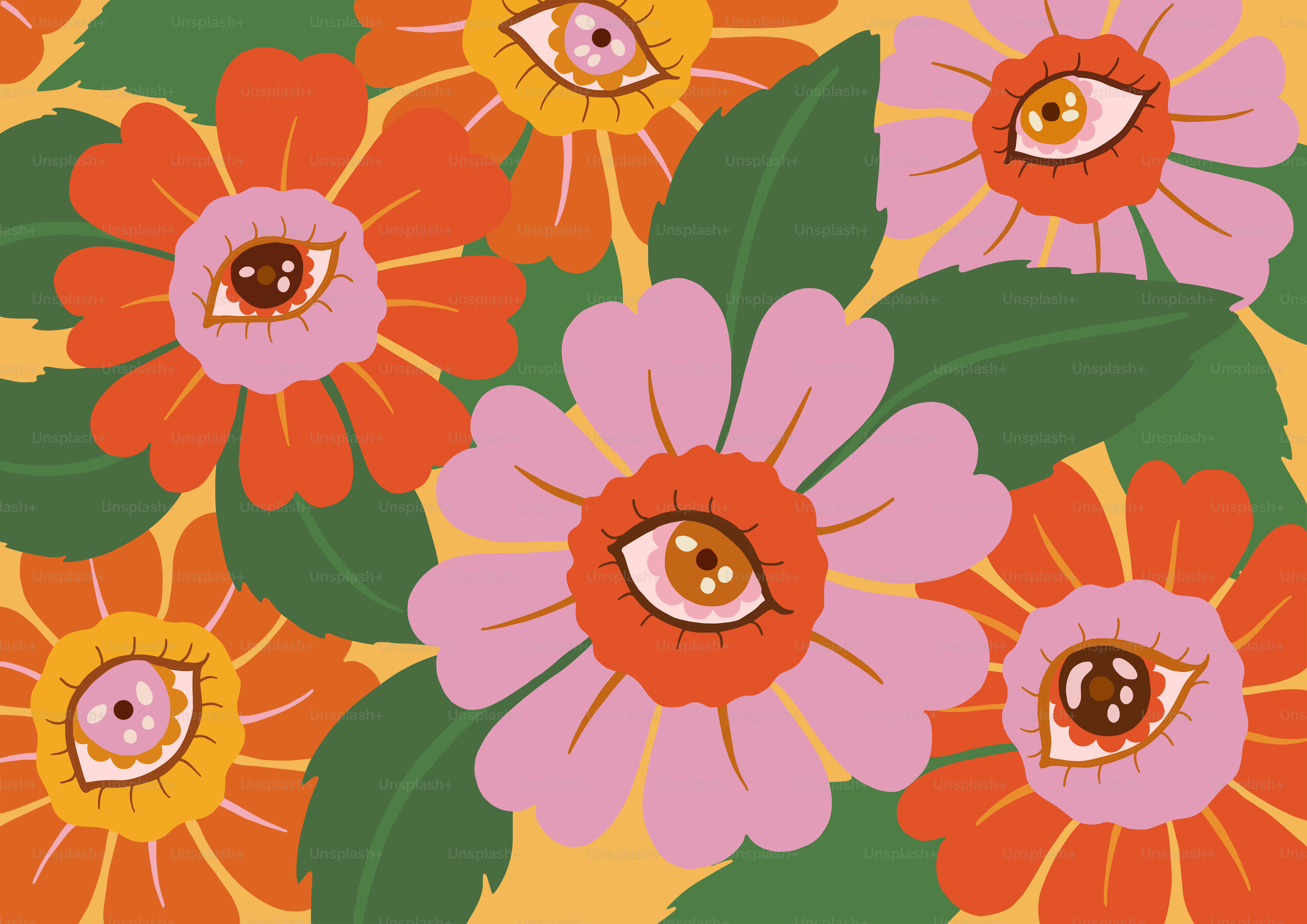 A picture of a bunch of flowers on a yellow background