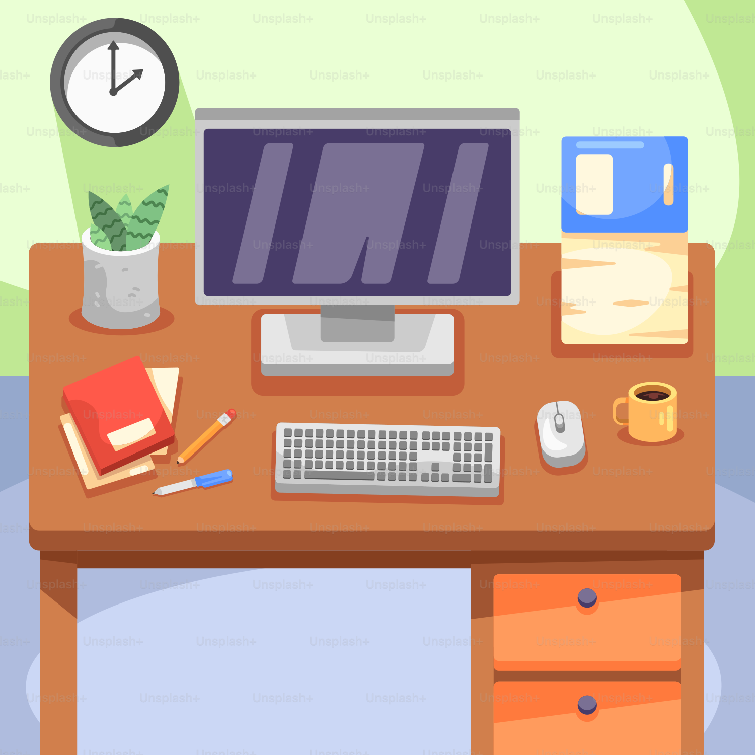 A desk with a computer and a clock on it