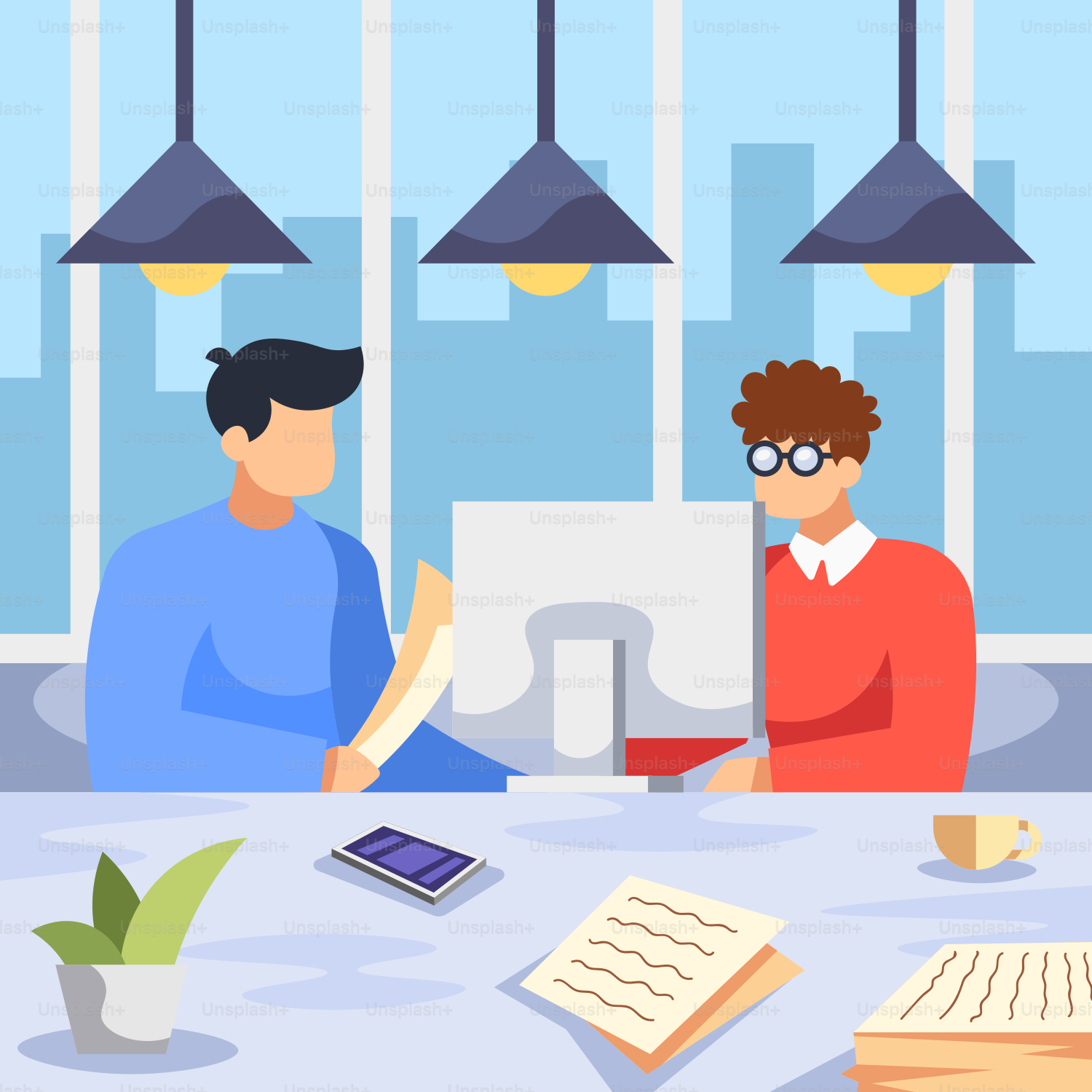 Two people sitting at a table in front of a computer