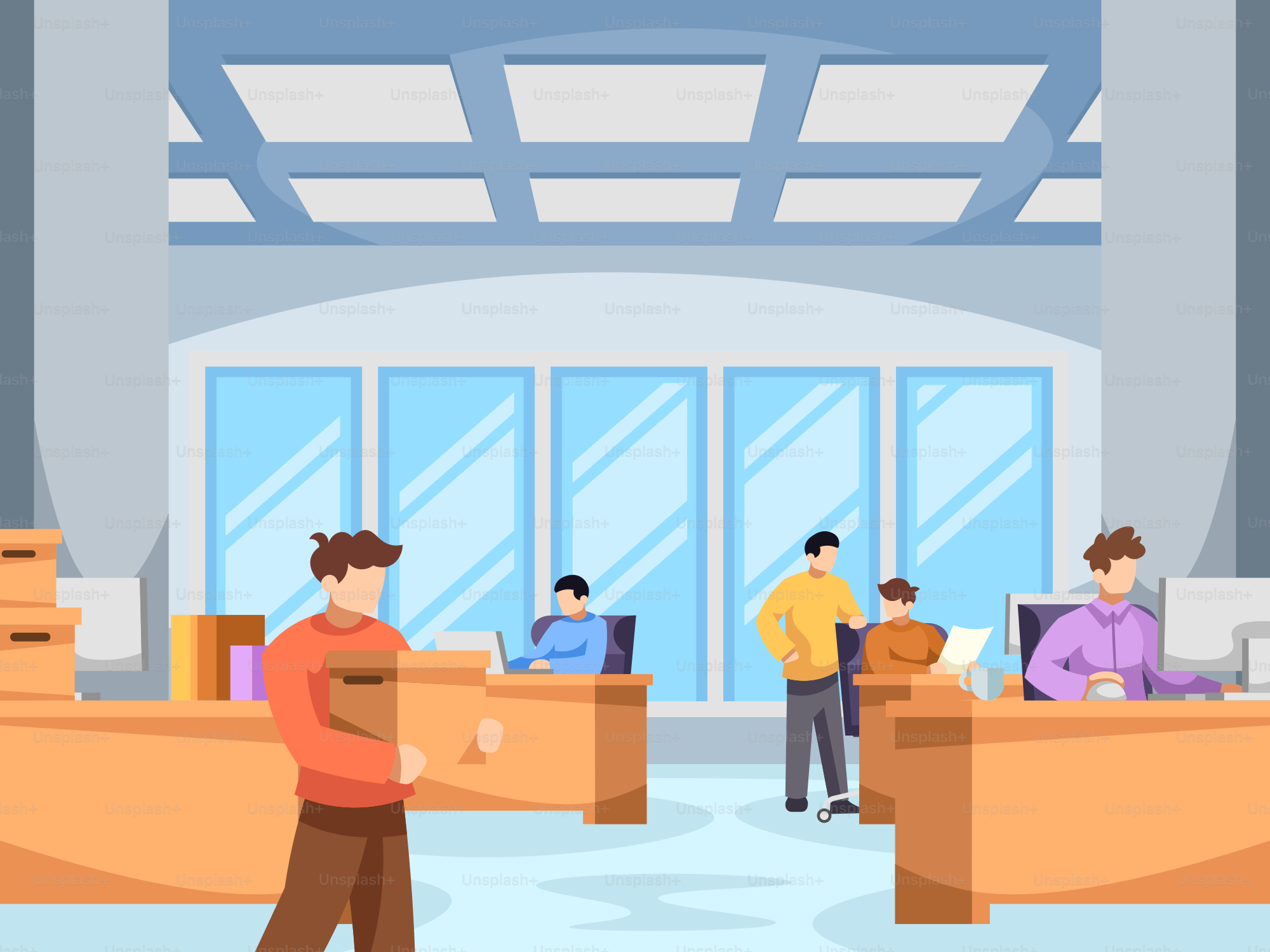 A group of people standing around a room filled with boxes