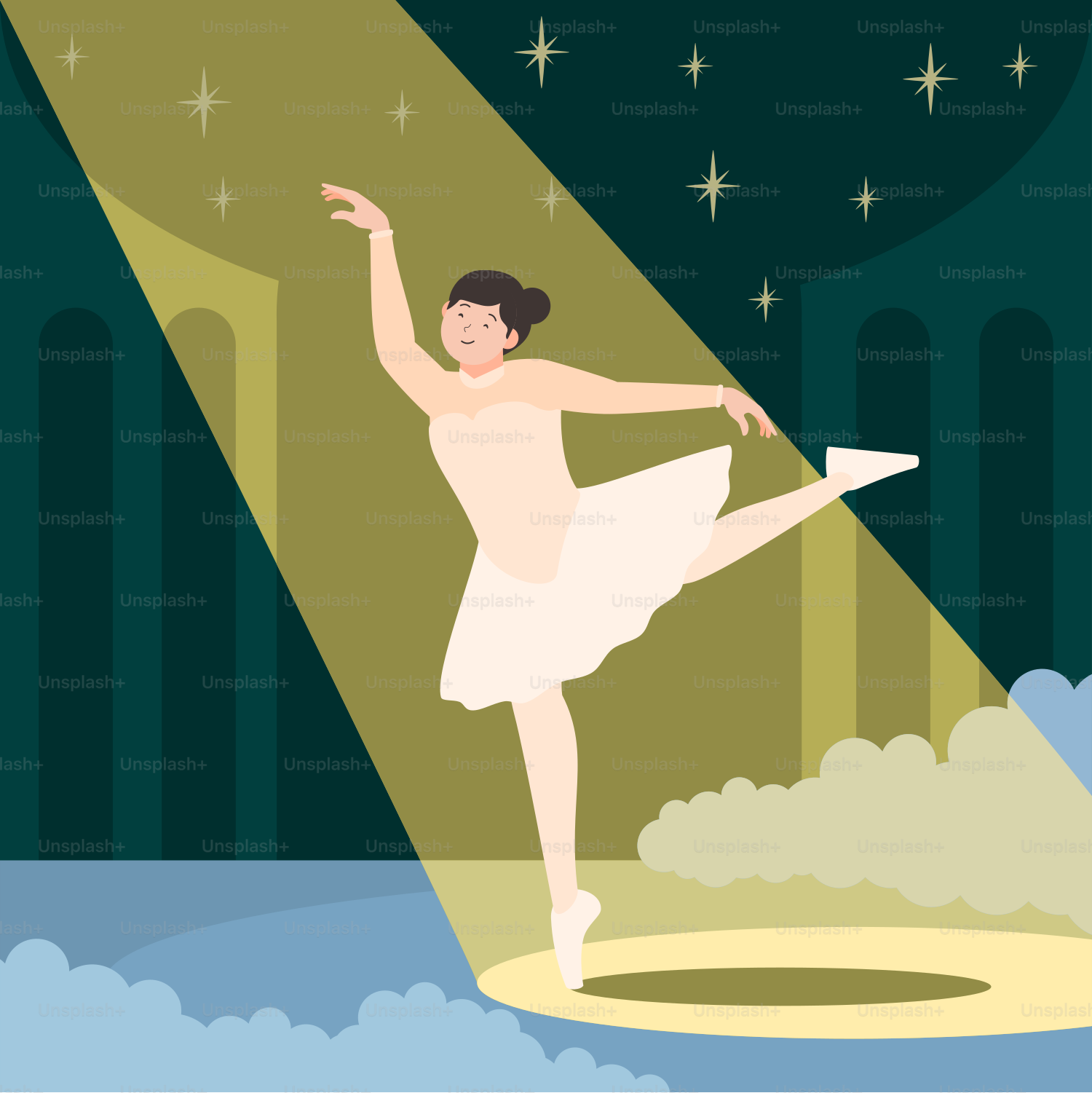 A woman in a white dress is dancing on a stage