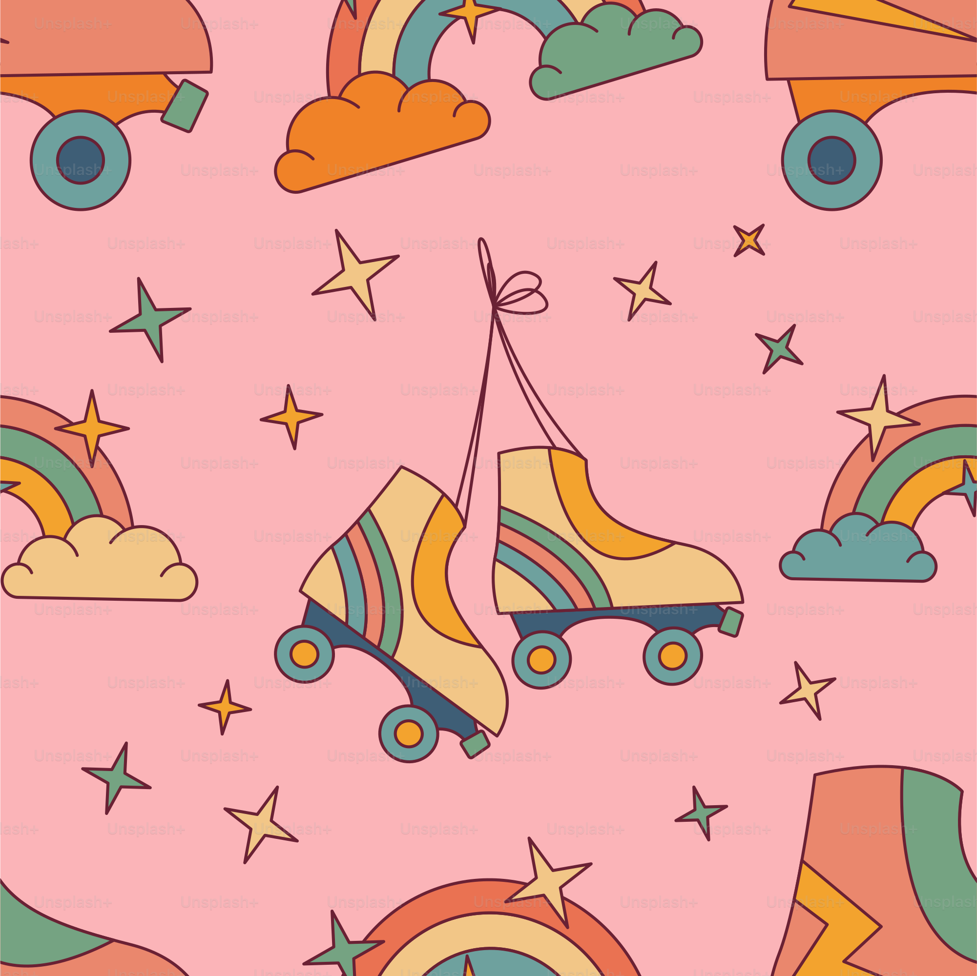 A pink background with roller skates and rainbows
