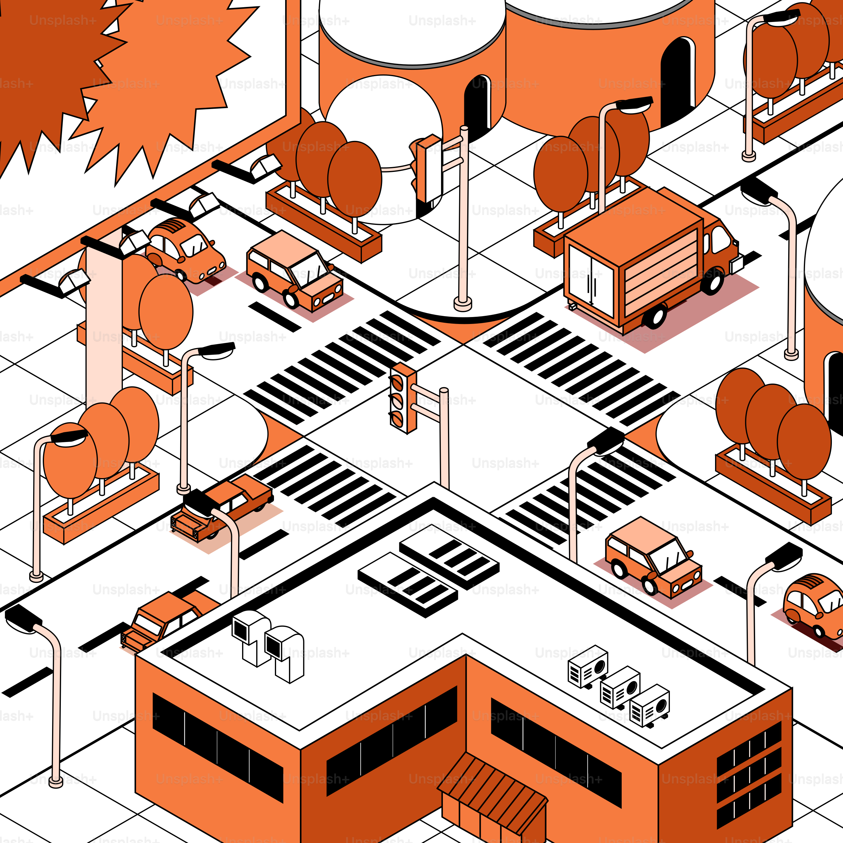 An orange building with a lot of different things around it