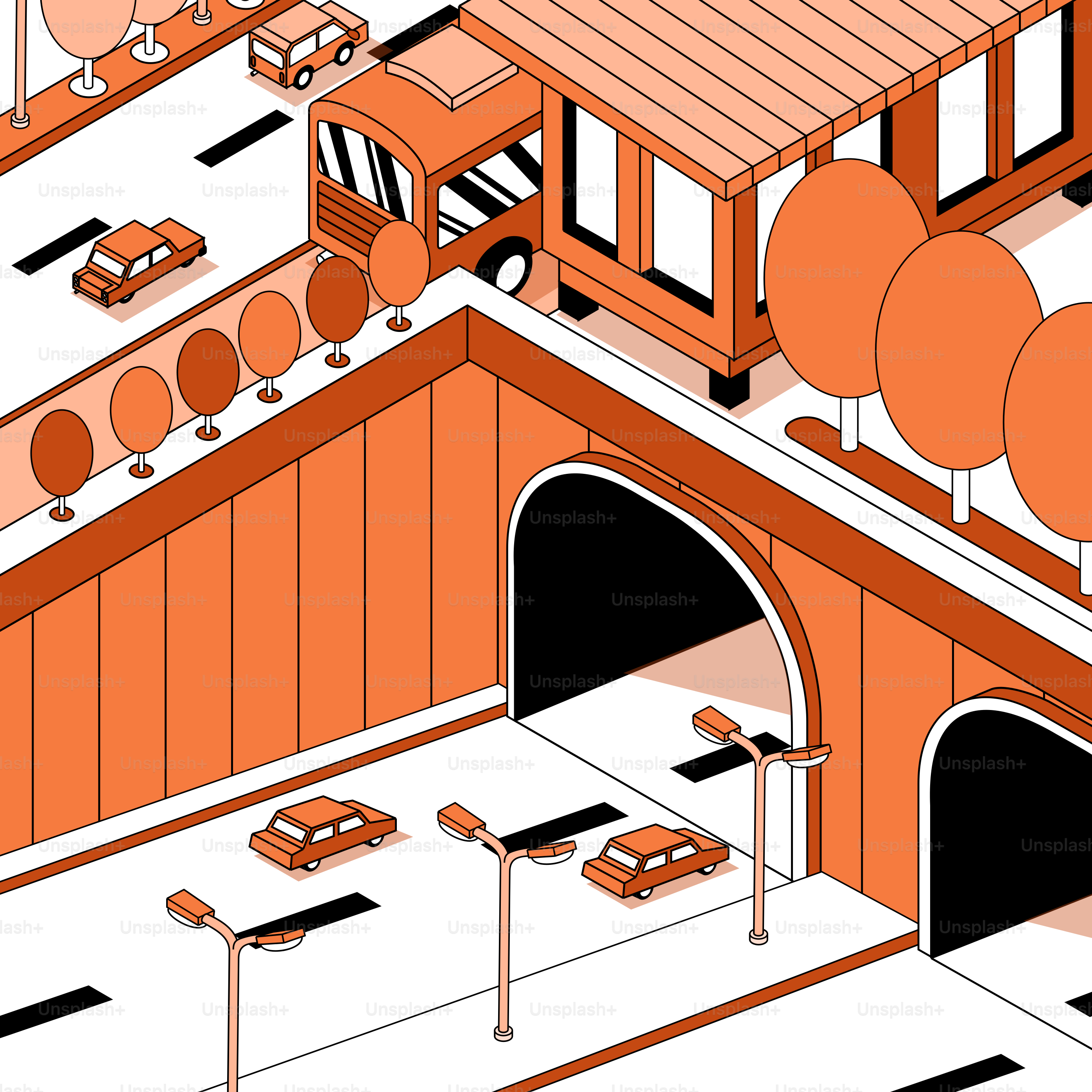 A drawing of a building with cars parked in front of it