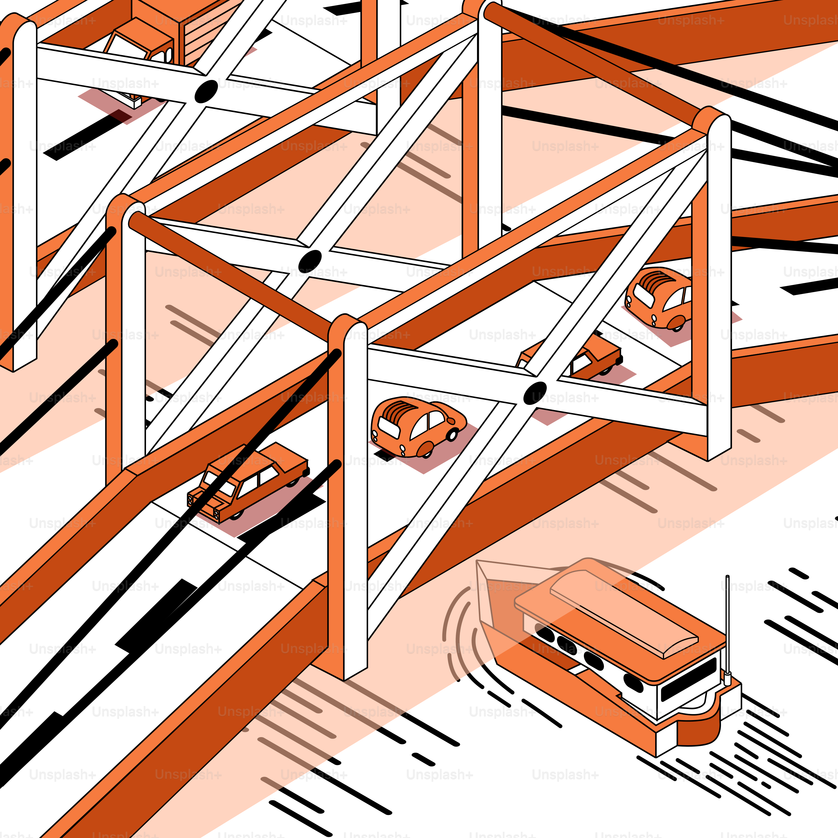 A drawing of a building with a bus in the middle of it