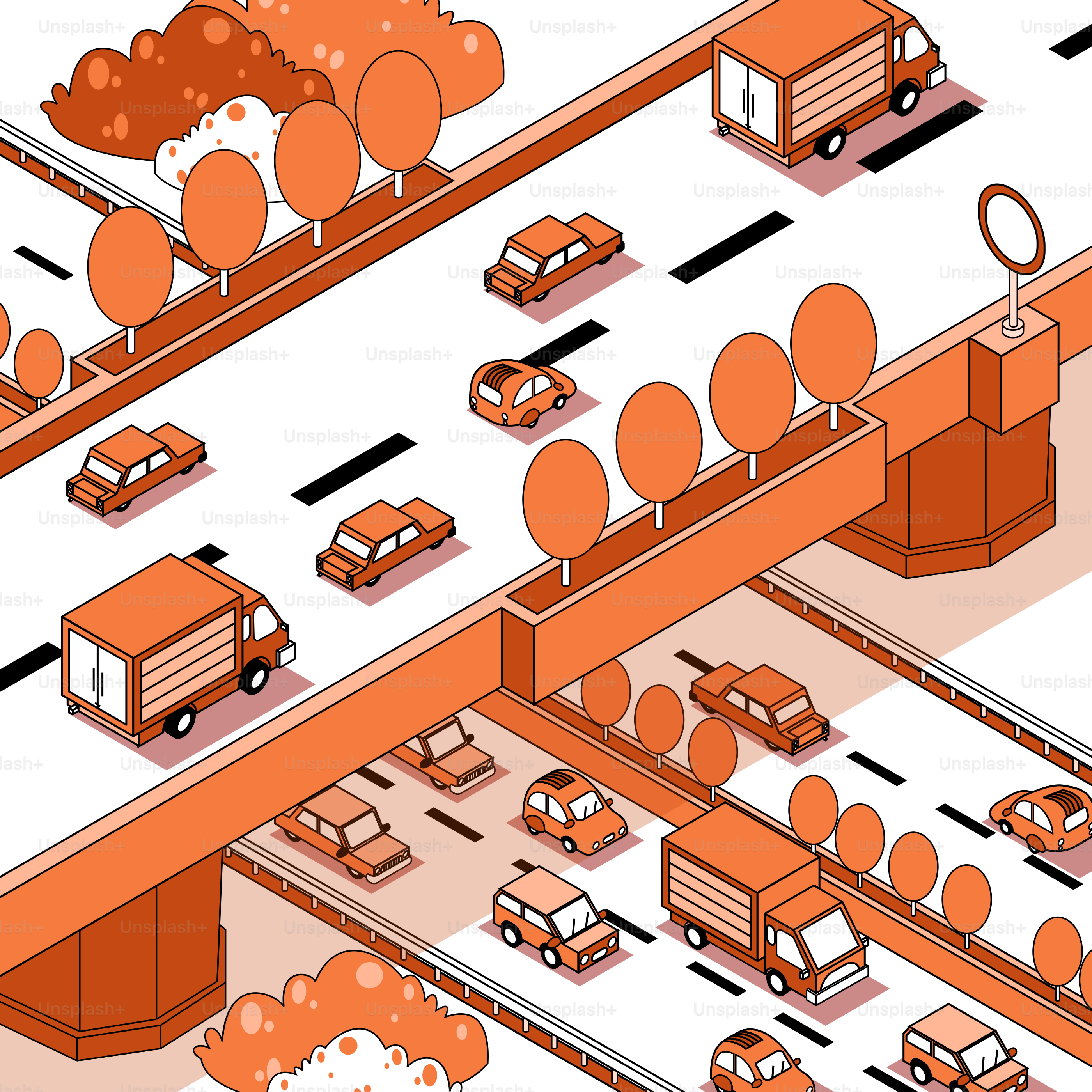 An orange and white illustration of a highway