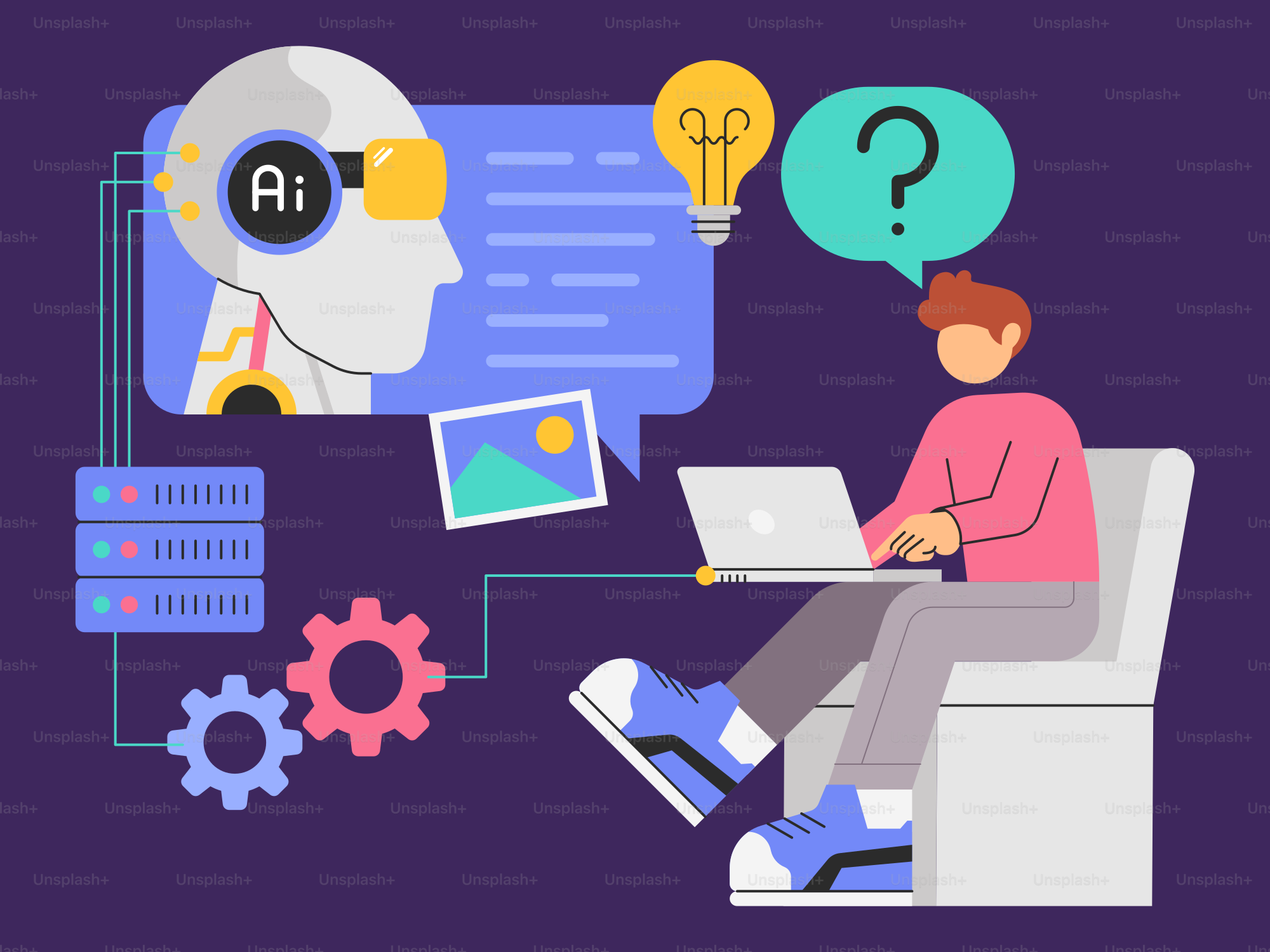 A person sitting on a chair with a laptop and a thought bubble above them
