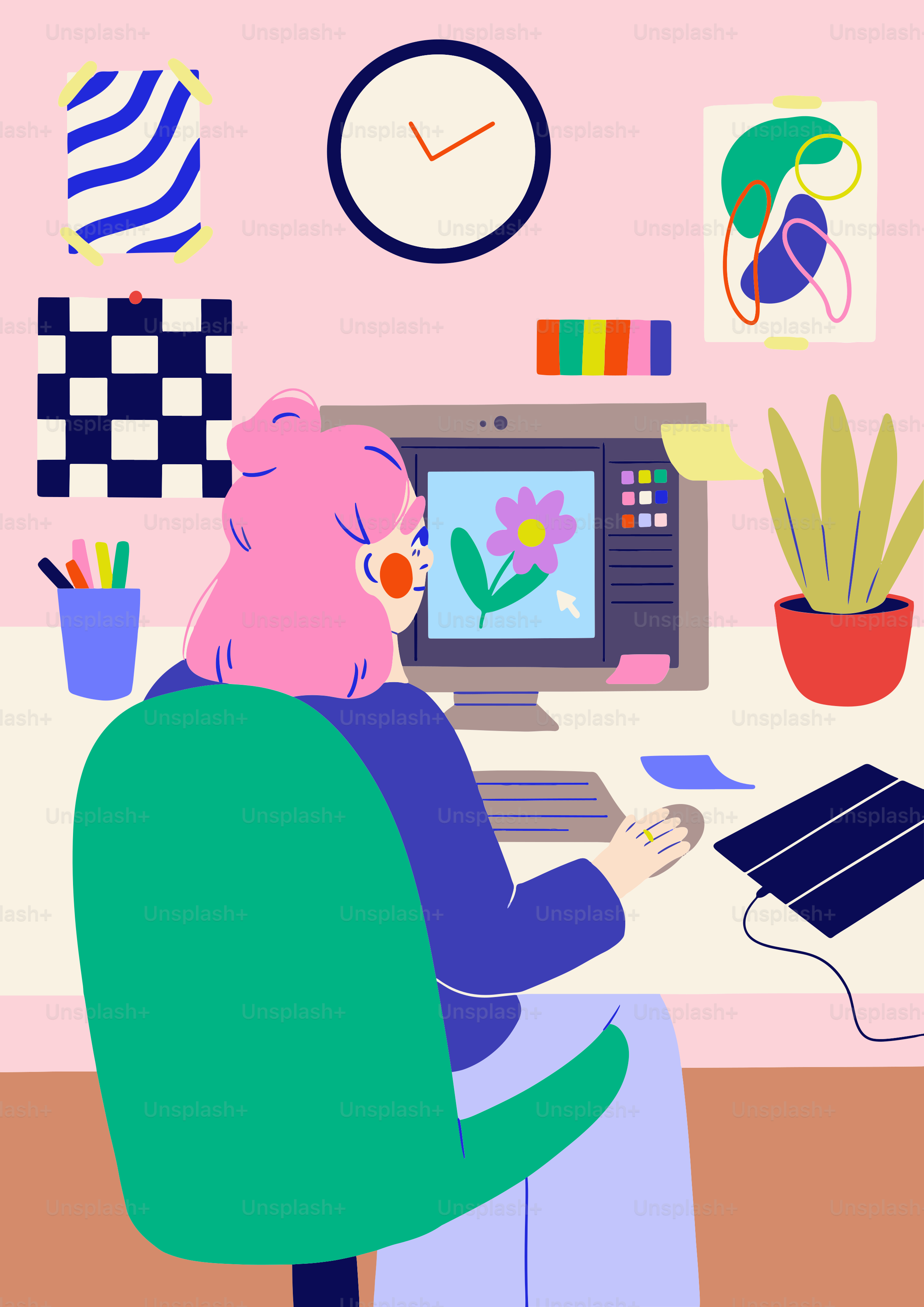 A woman sitting at a desk in front of a computer