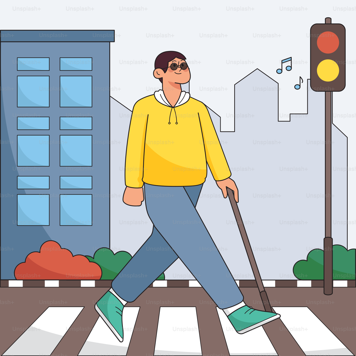 Seorang pria menyeberang jalan dengan tongkat