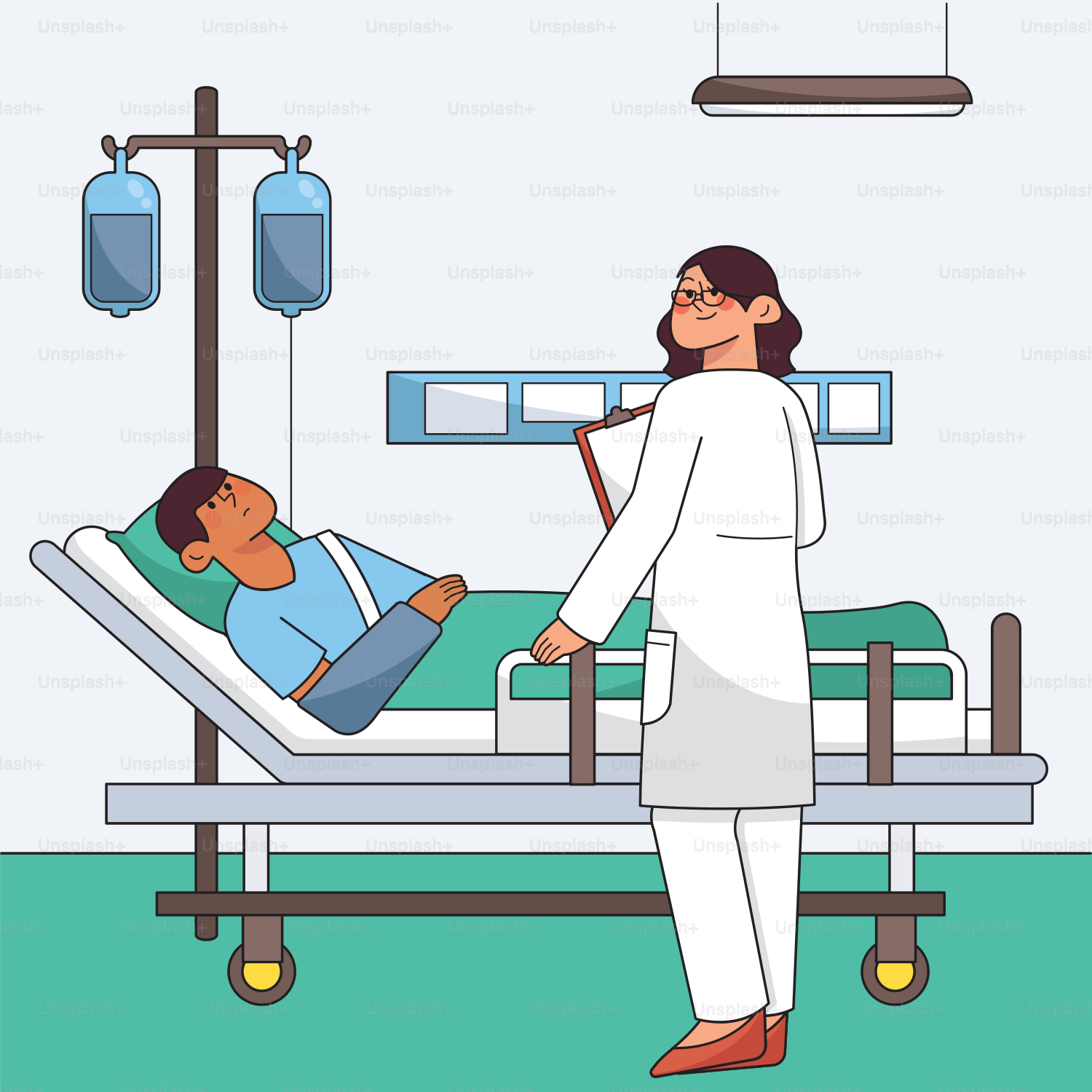 A person laying in a hospital bed with another person standing next to him  vector – Doctor Image on Unsplash, image size:3000x3000