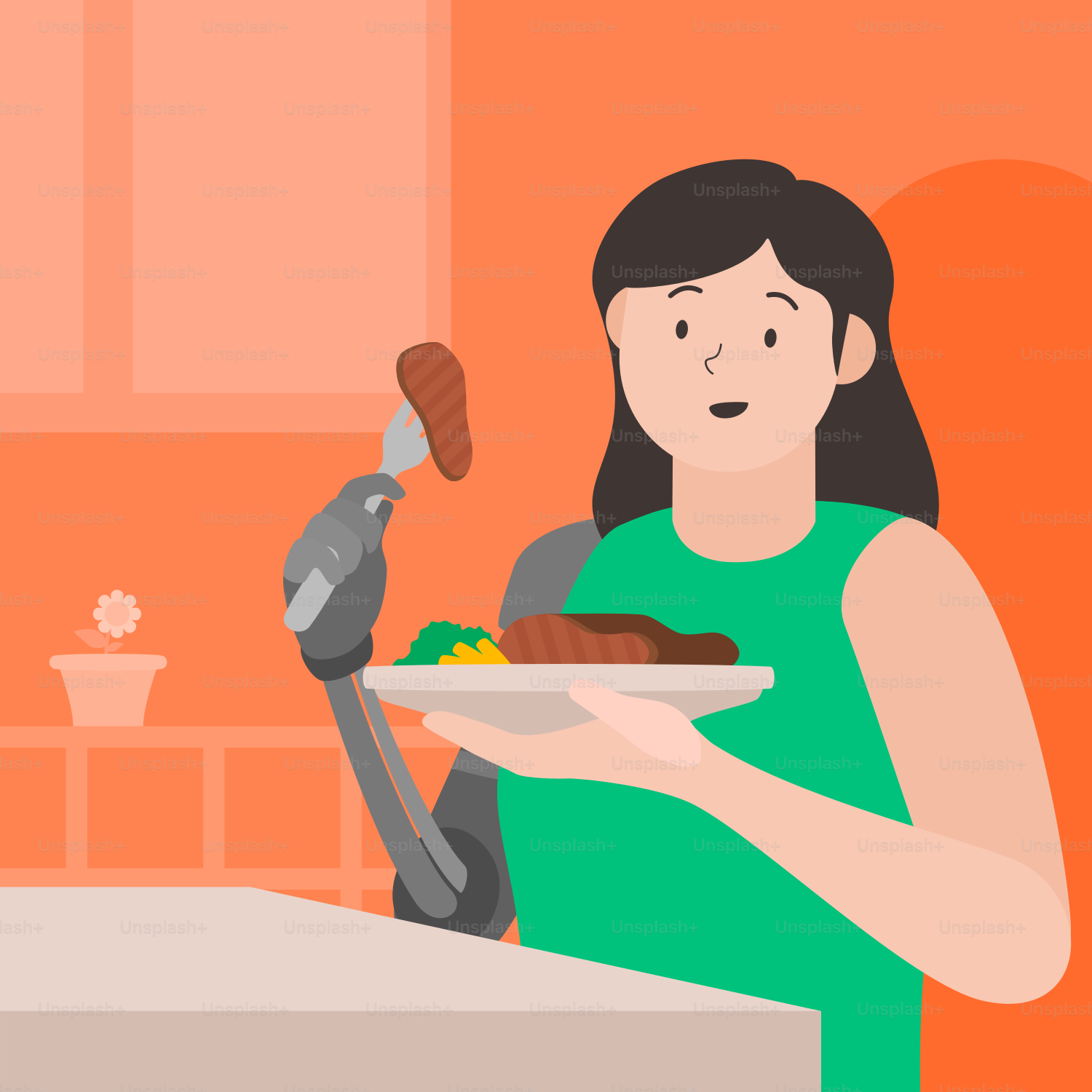 Una donna che tiene un piatto di cibo davanti a un robot