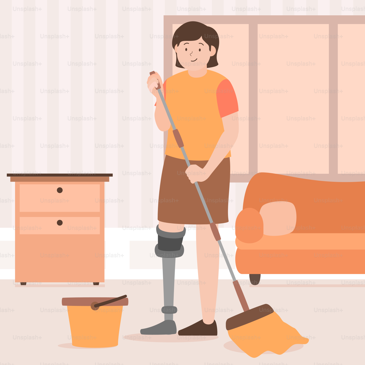 A woman is cleaning a living room with a mop