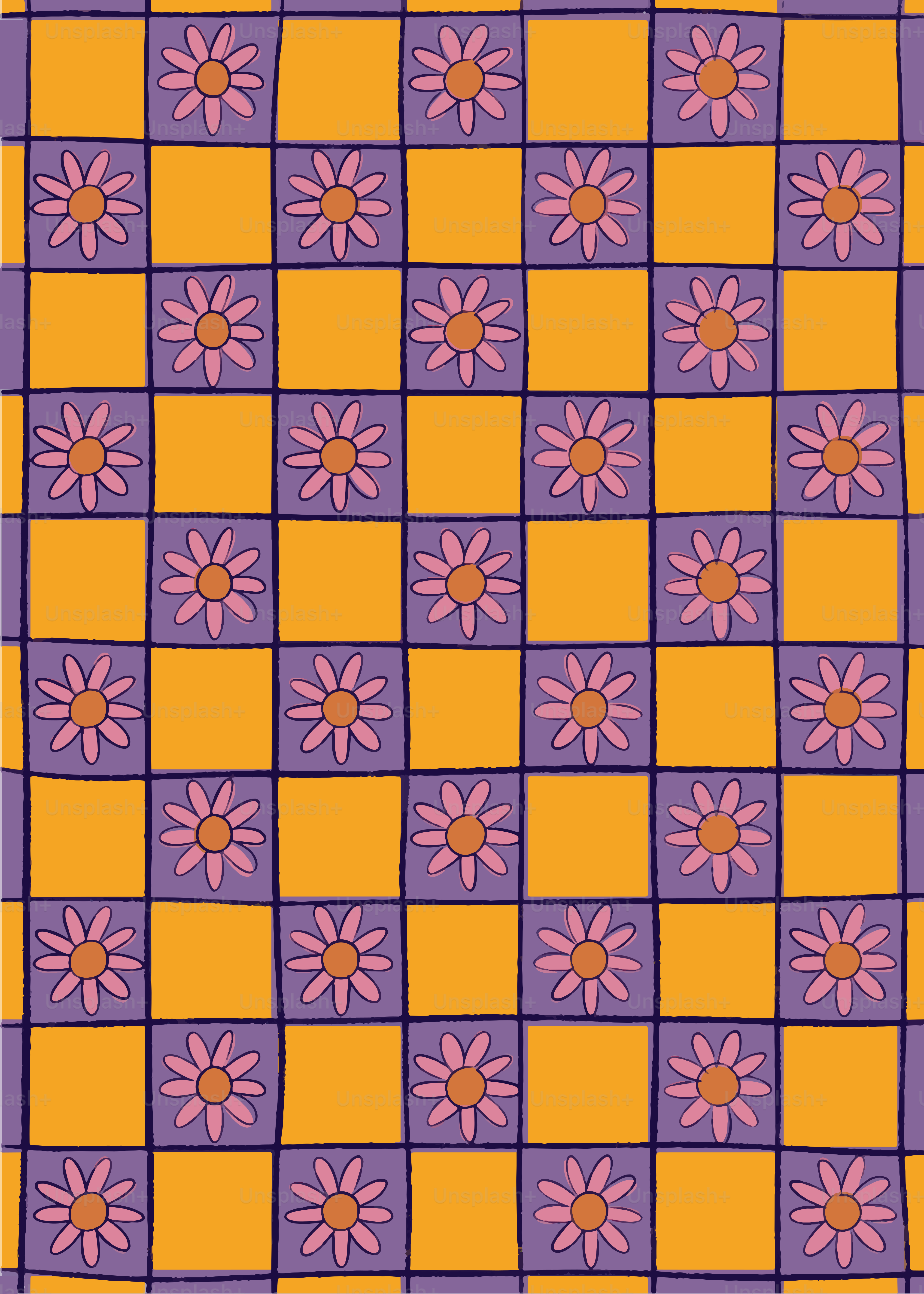 Um padrão xadrez laranja e roxo com flores cor-de-rosa