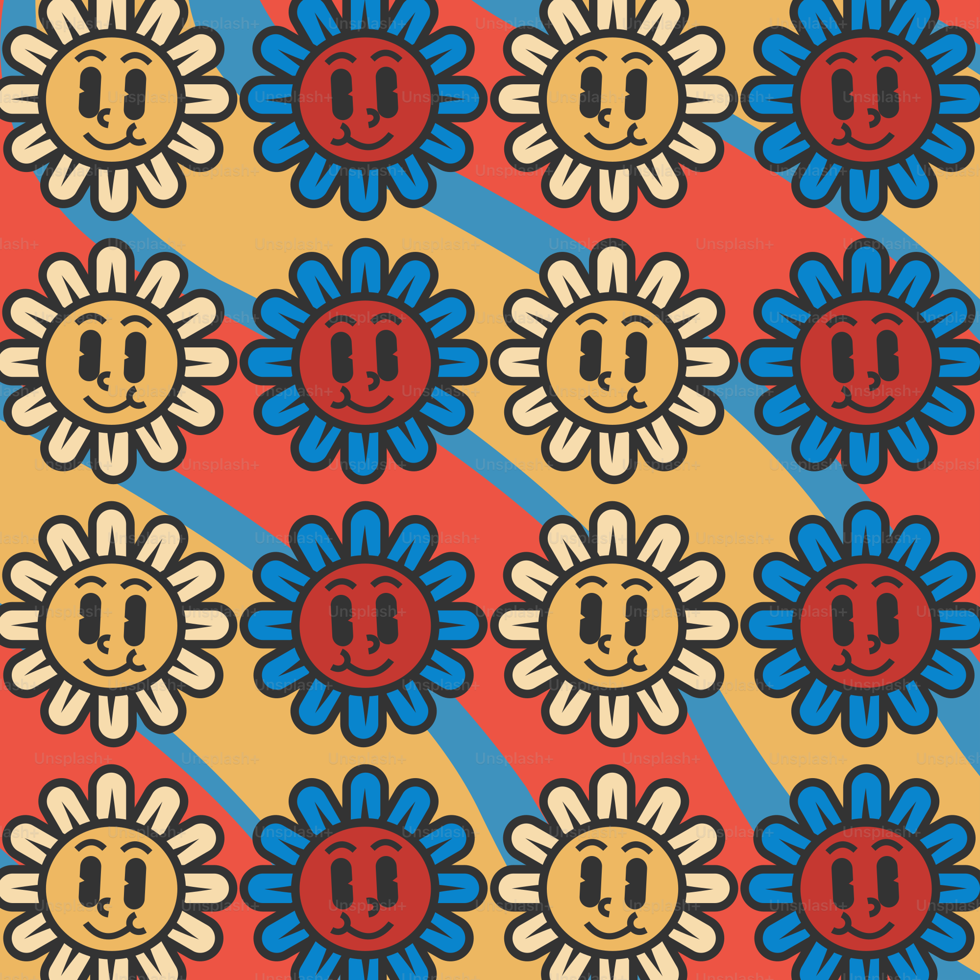 Un patrón de flores con caras pintadas en ellas