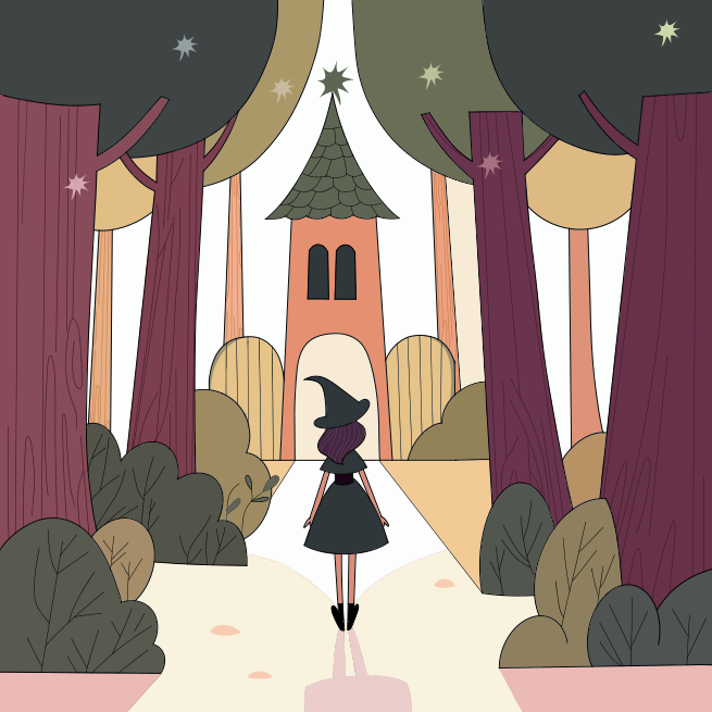 A woman in a black dress is walking through a forest