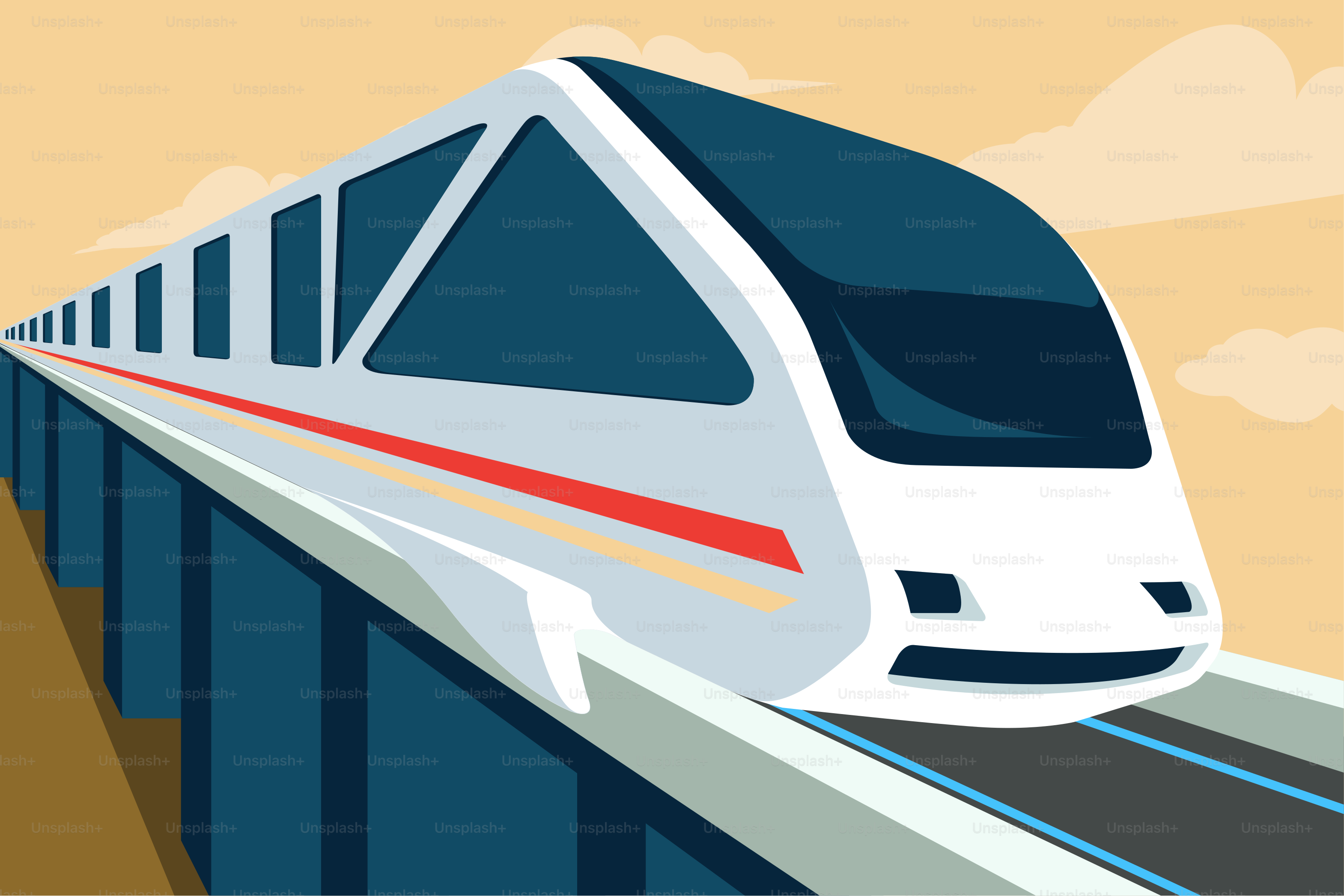 A white train traveling down train tracks next to a tall building