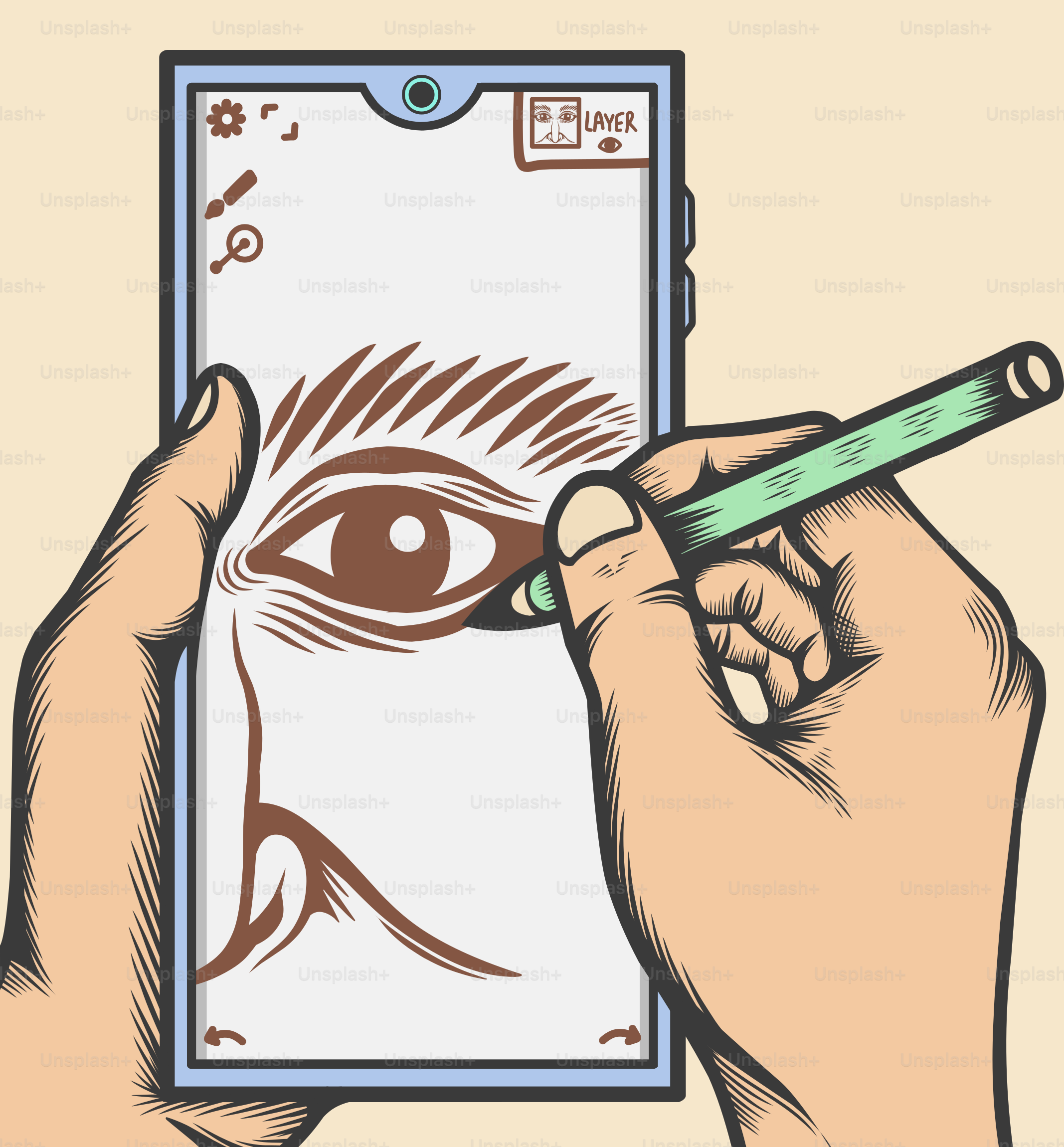 A person drawing on a phone with a pencil