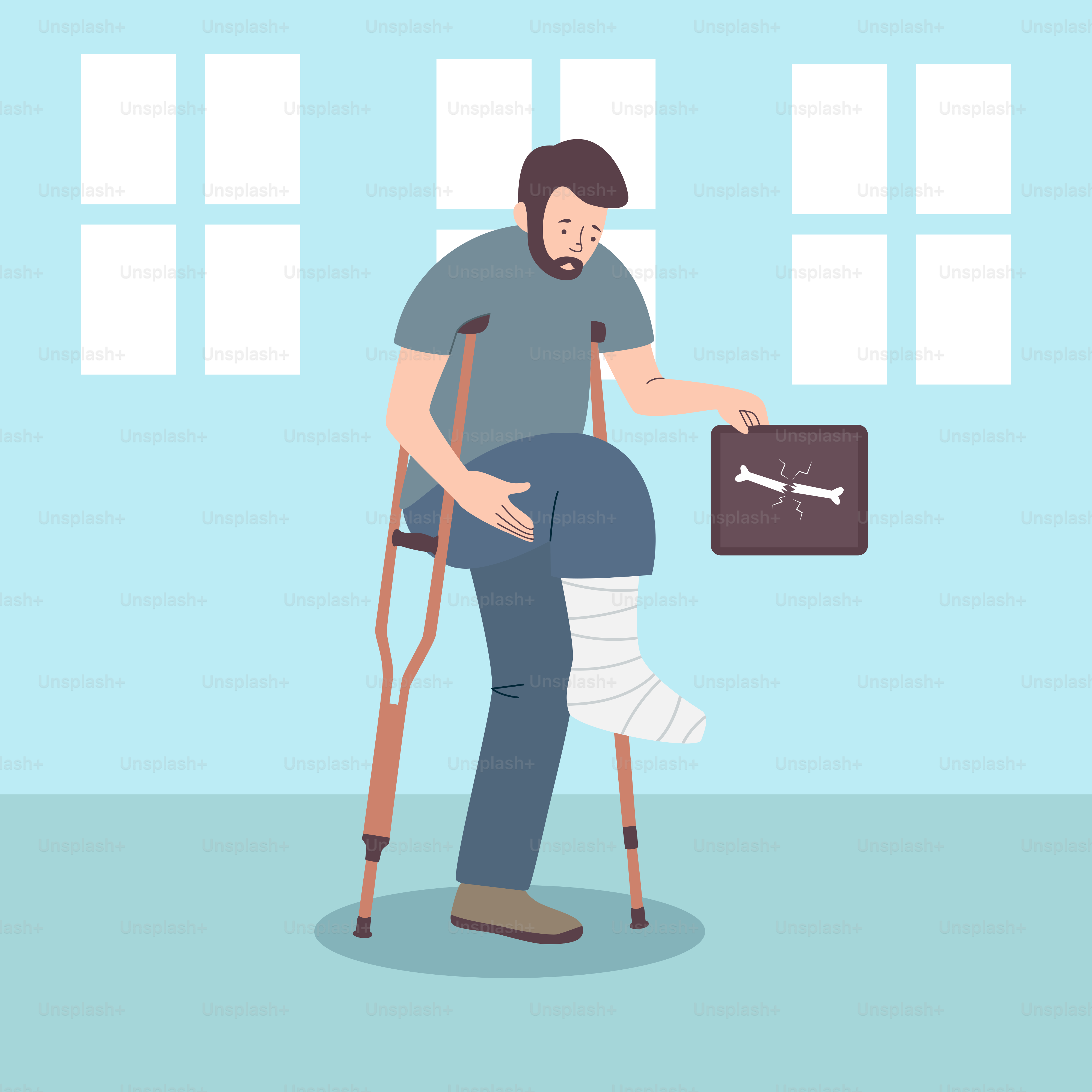 A man sitting on a chair with a broken leg