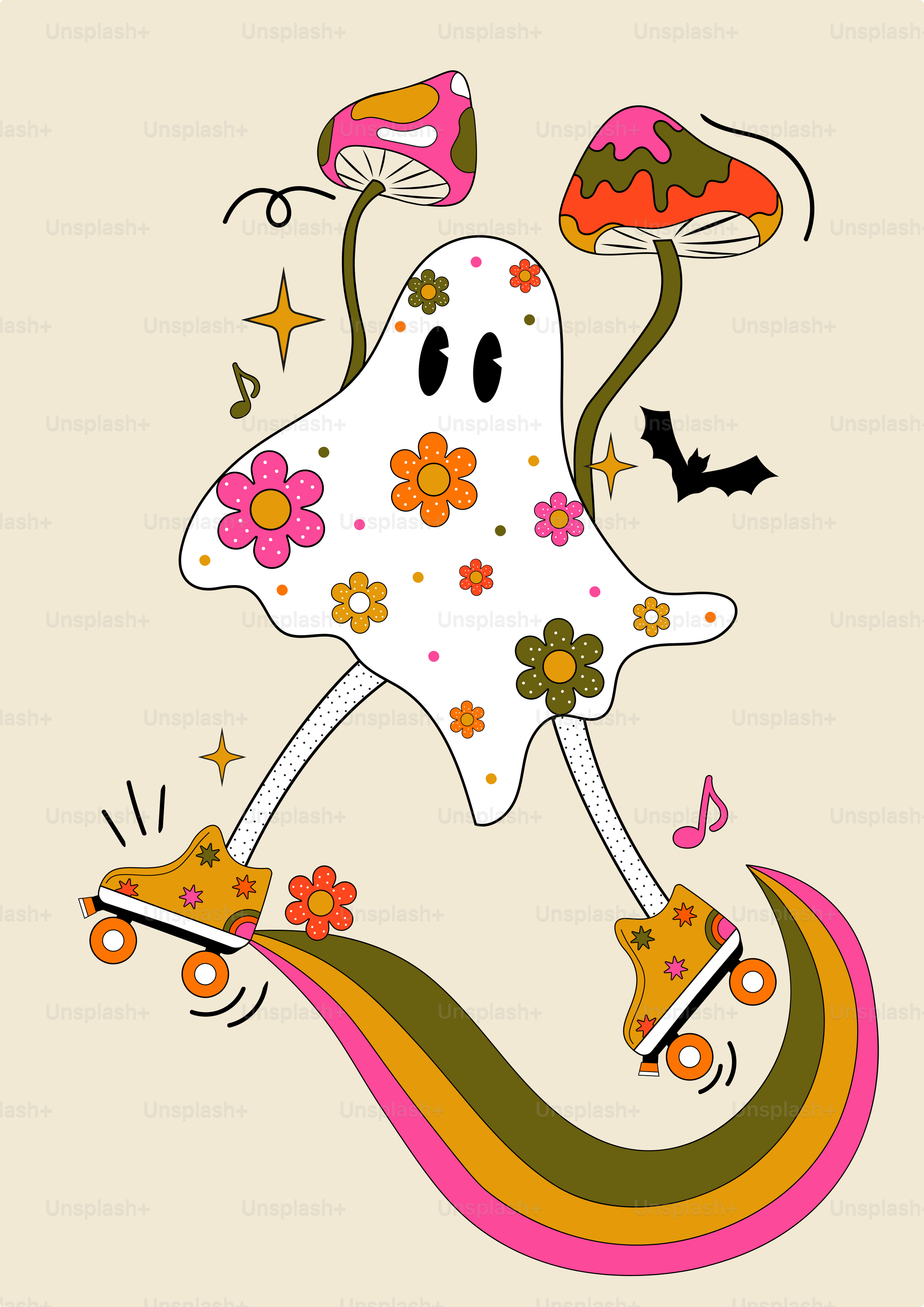 Un fantasma dei cartoni animati che guida uno skateboard con una mazza