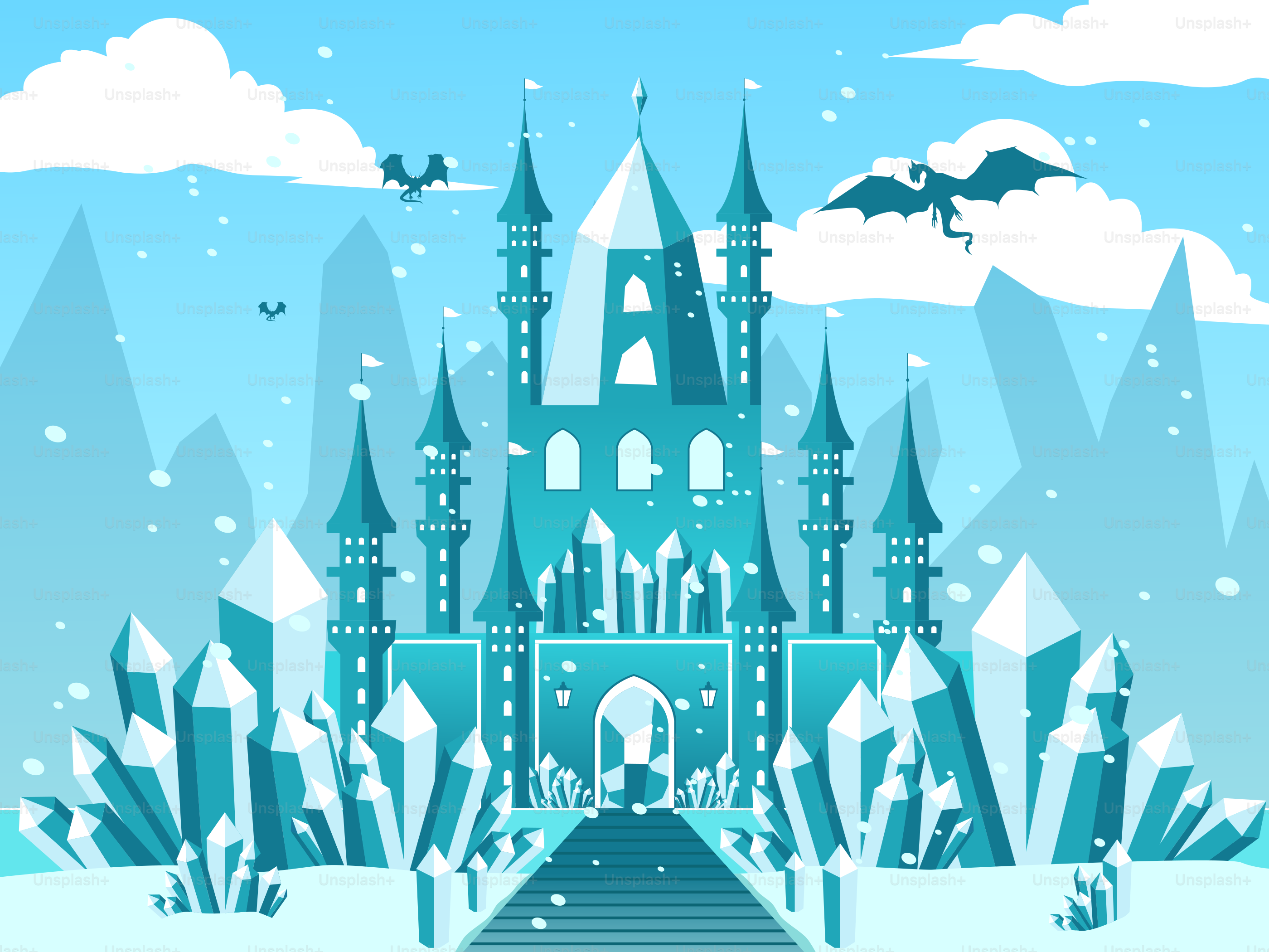A blue castle with snow on the ground
