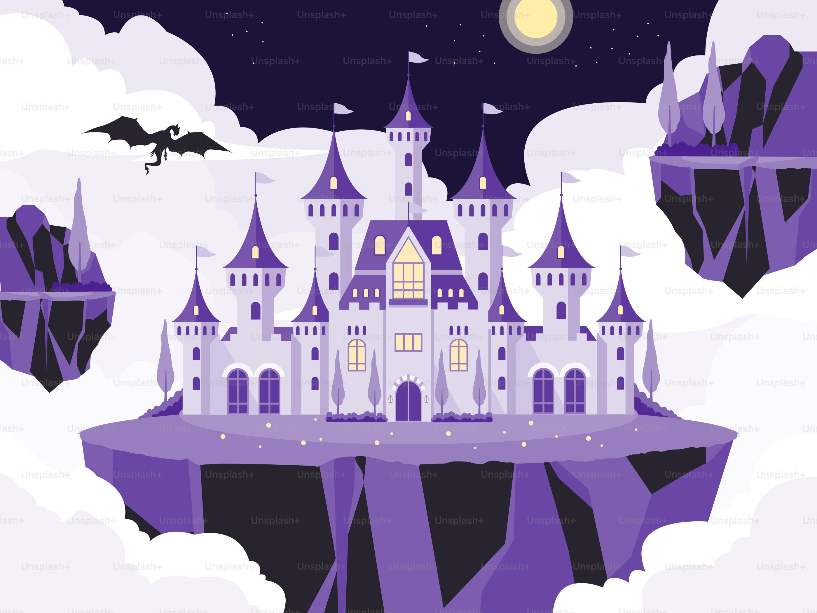 A castle in the sky with a full moon