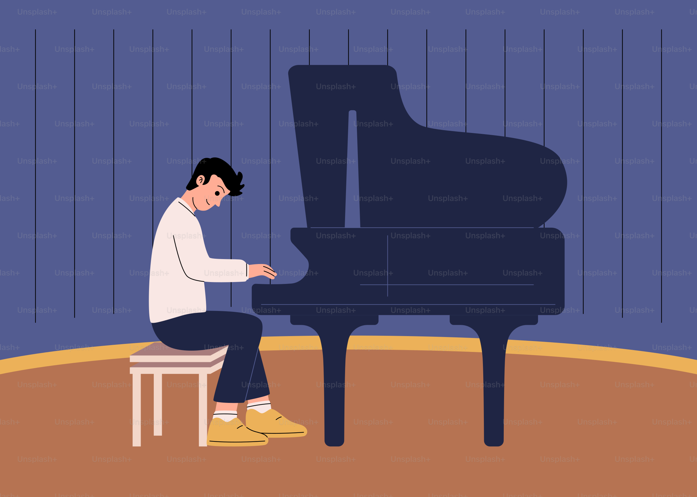 A man sitting at a piano in front of a blue wall