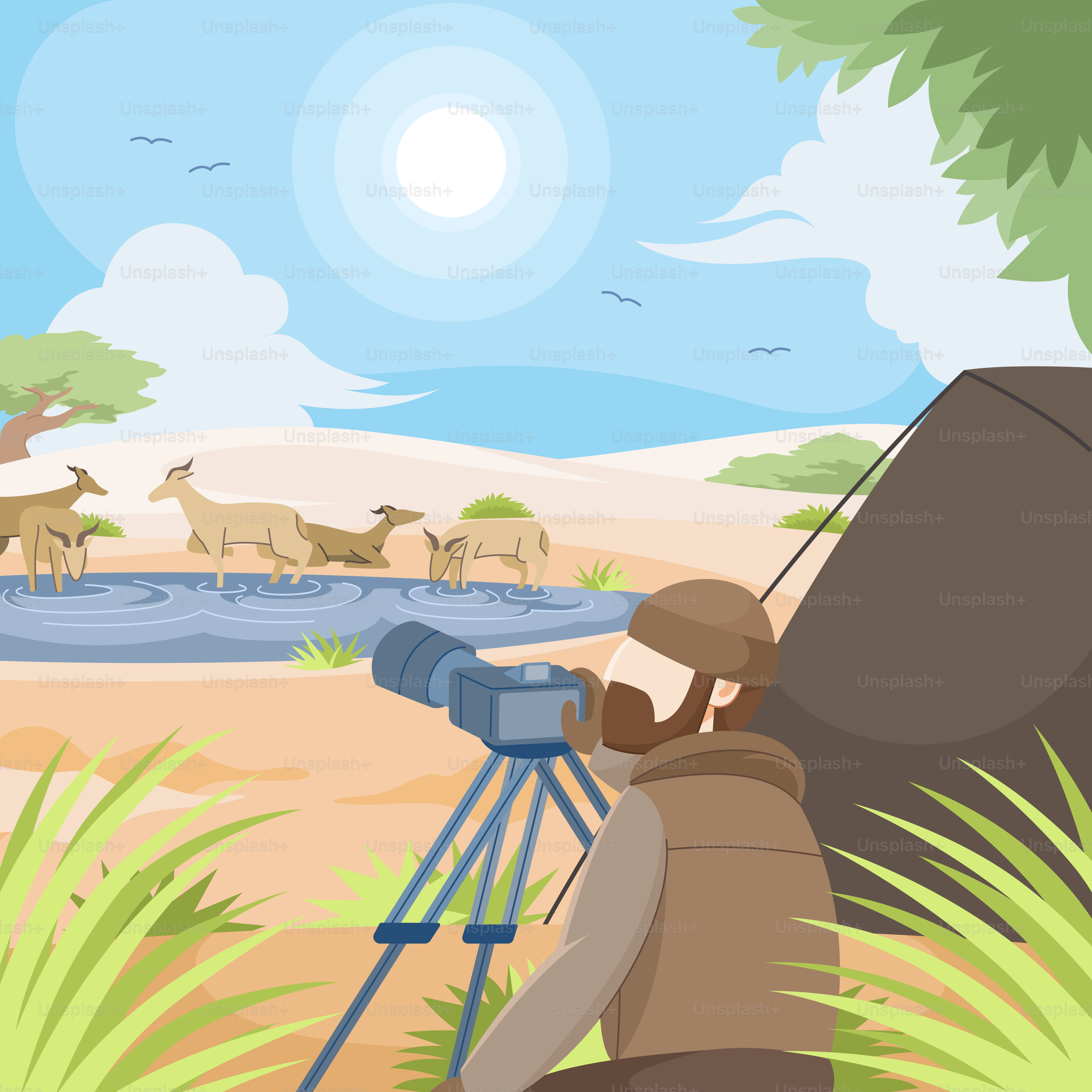 Ein Mann schaut durch ein Teleskop auf eine Herde Hirsche