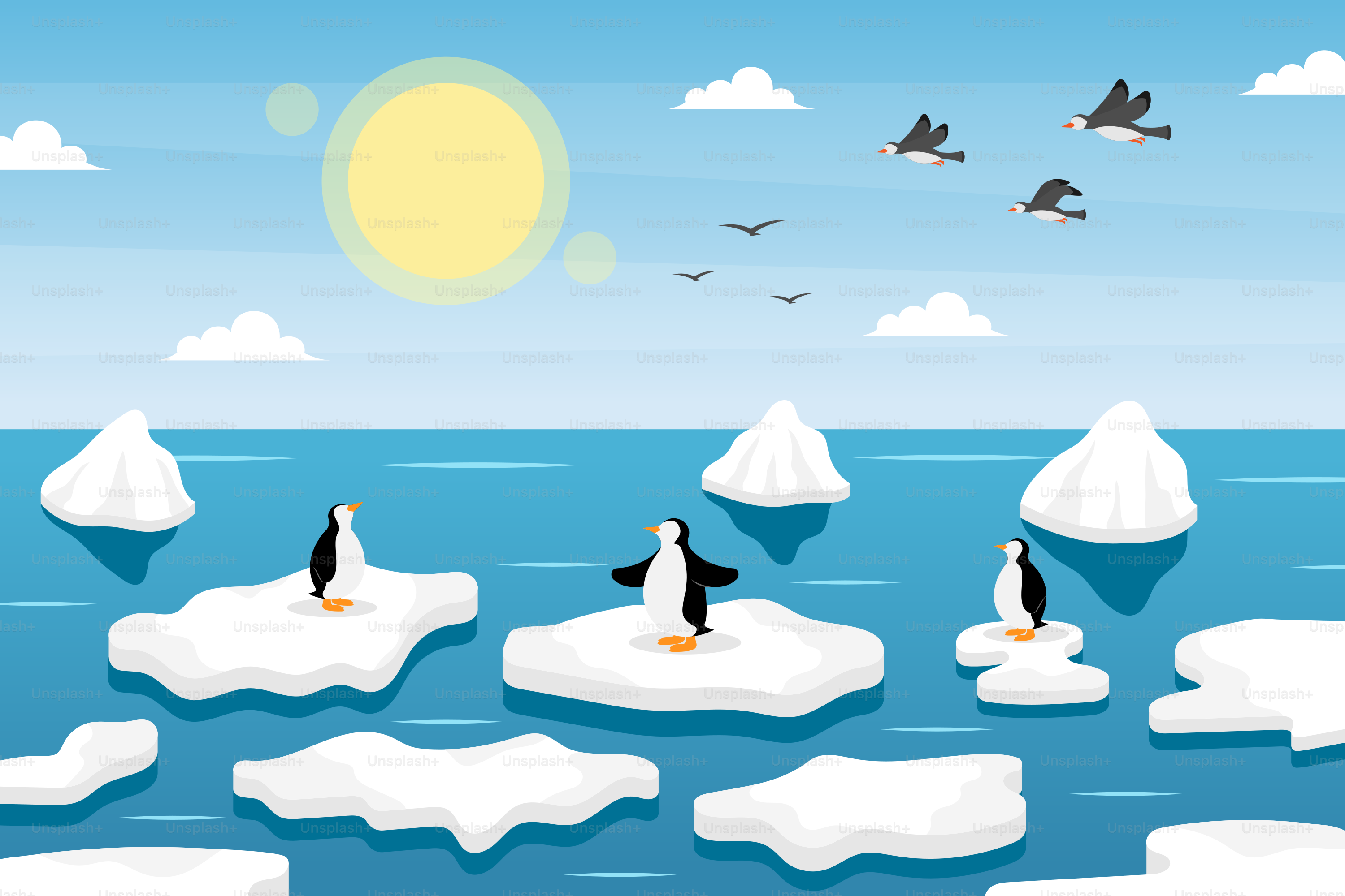 A group of penguins sitting on icebergs in the ocean