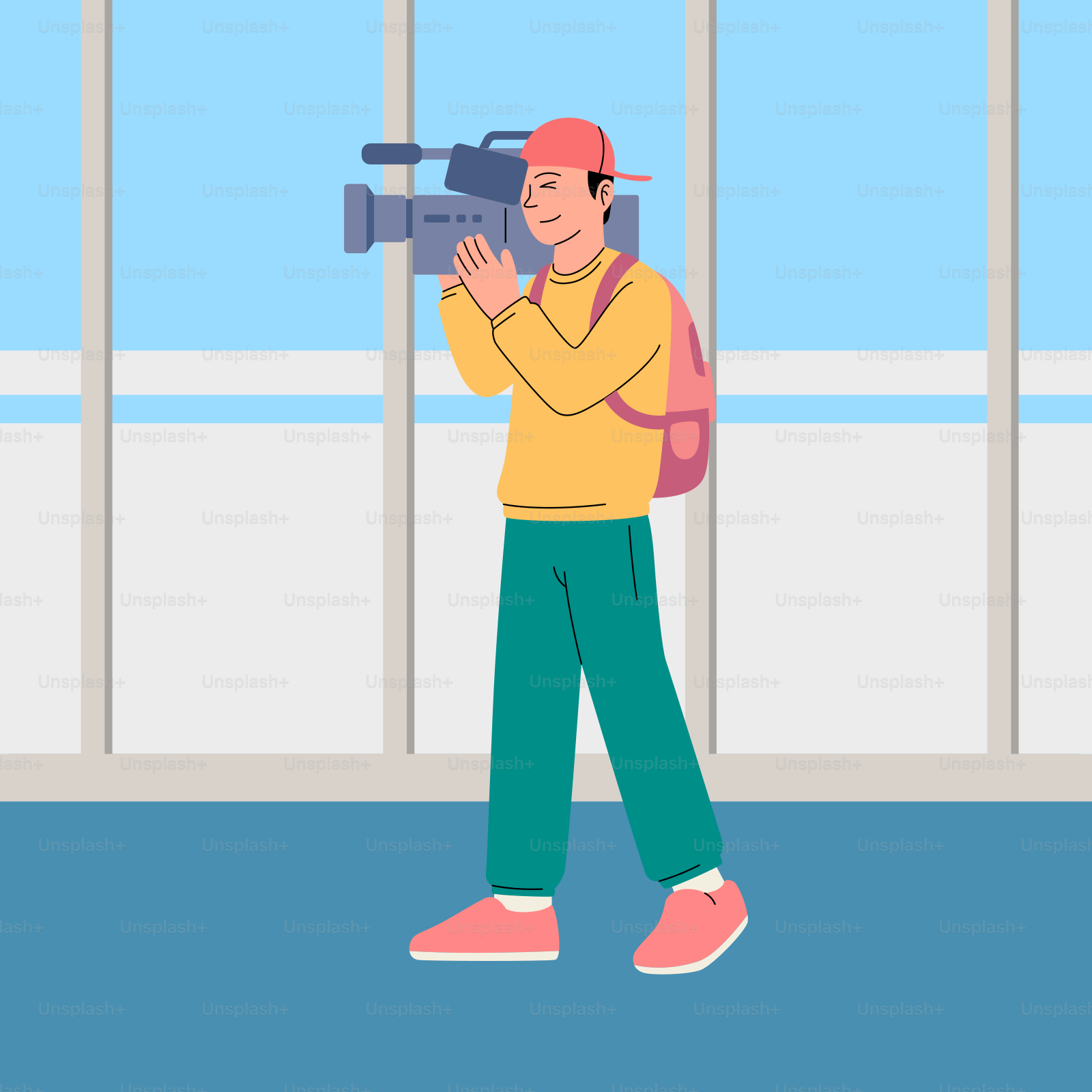 A man with a backpack and a camera in front of a window