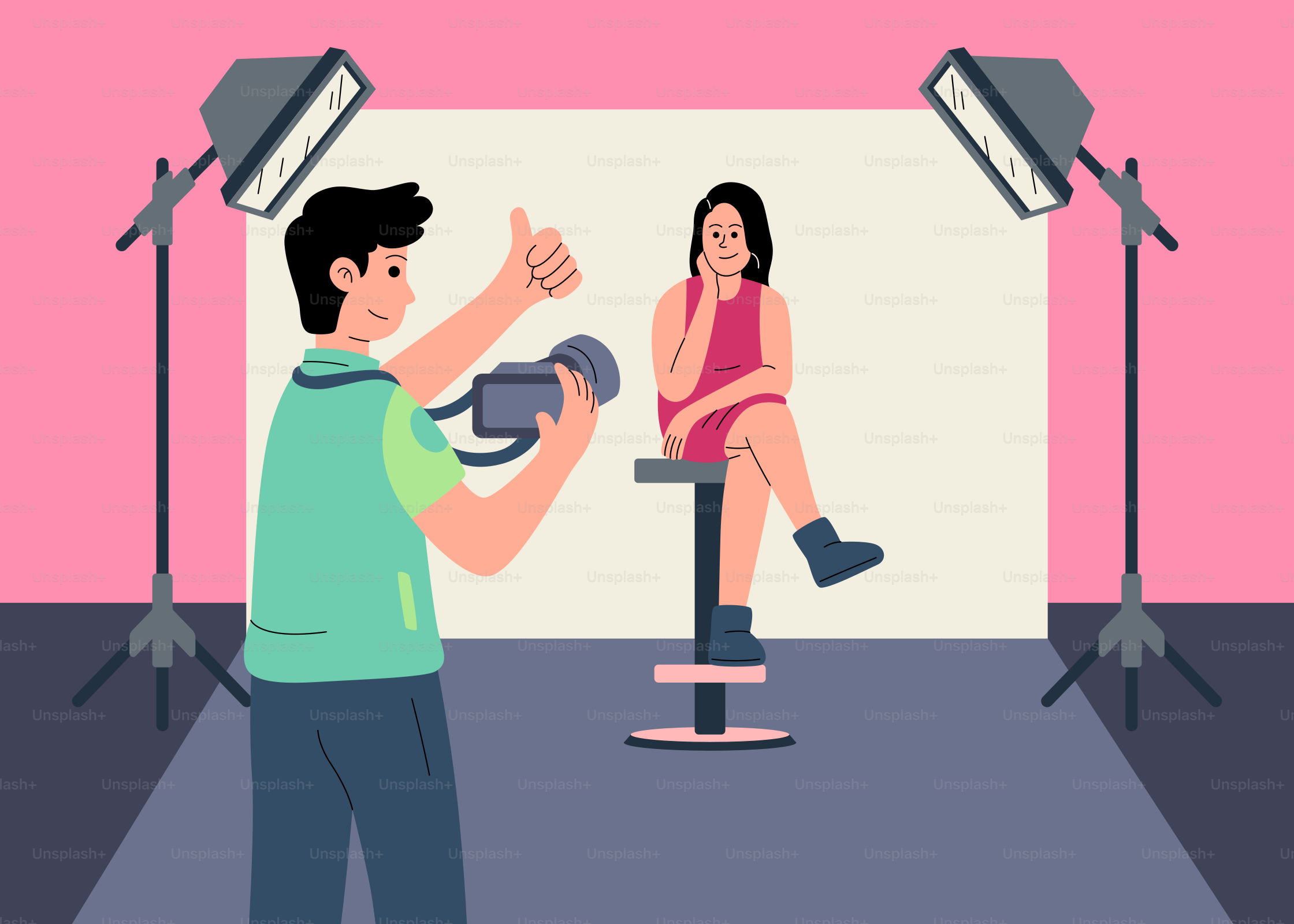 A man standing next to a woman on a chair