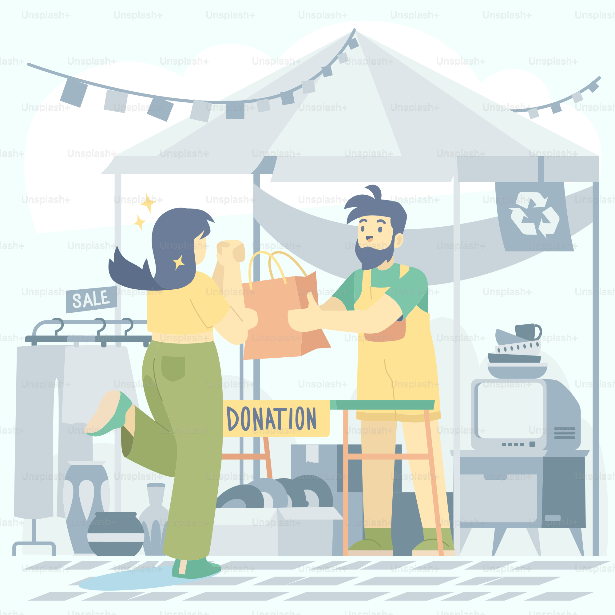 A couple of people standing next to a tent