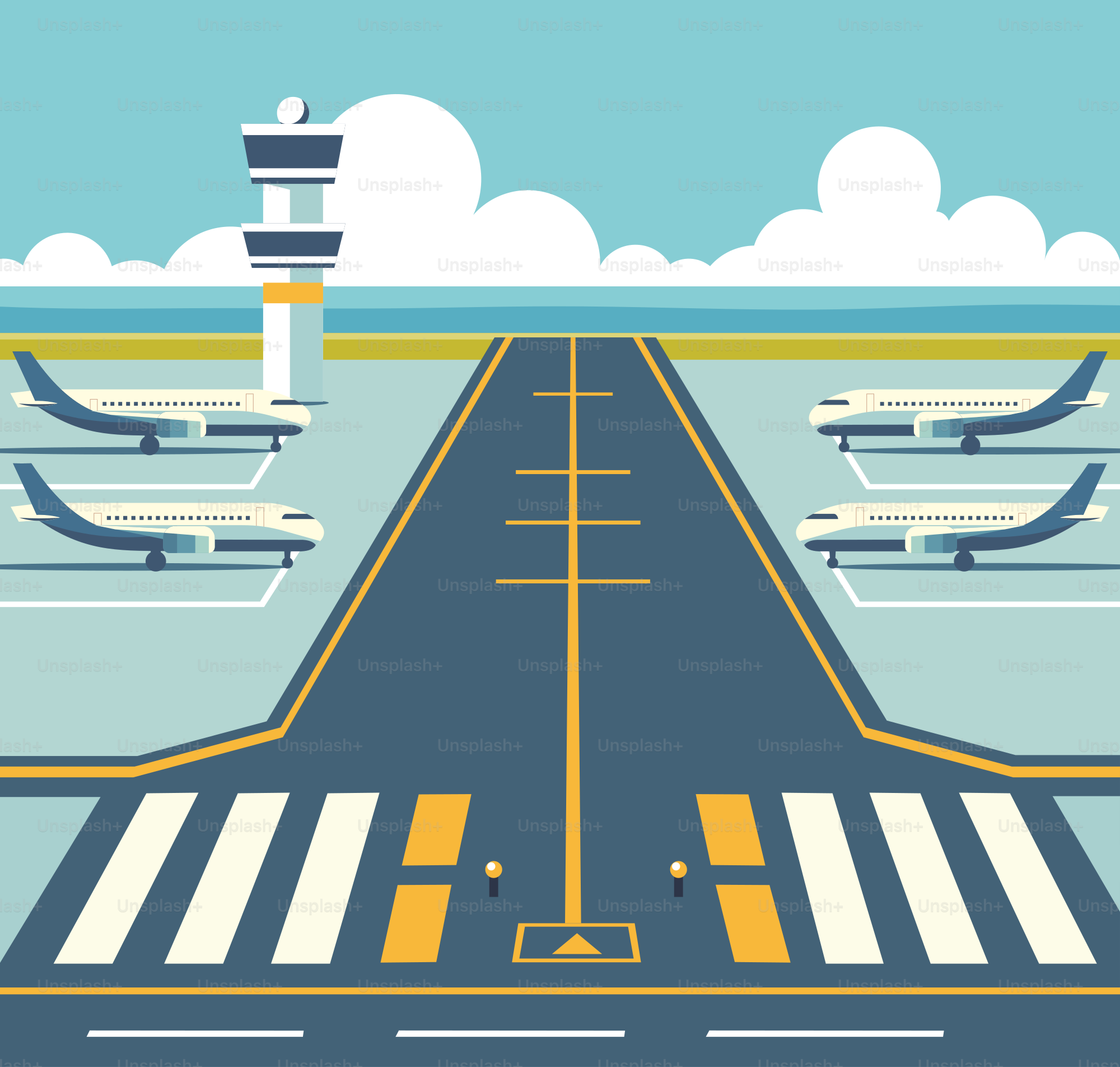 An airport tarmac with airplanes on the tarmac