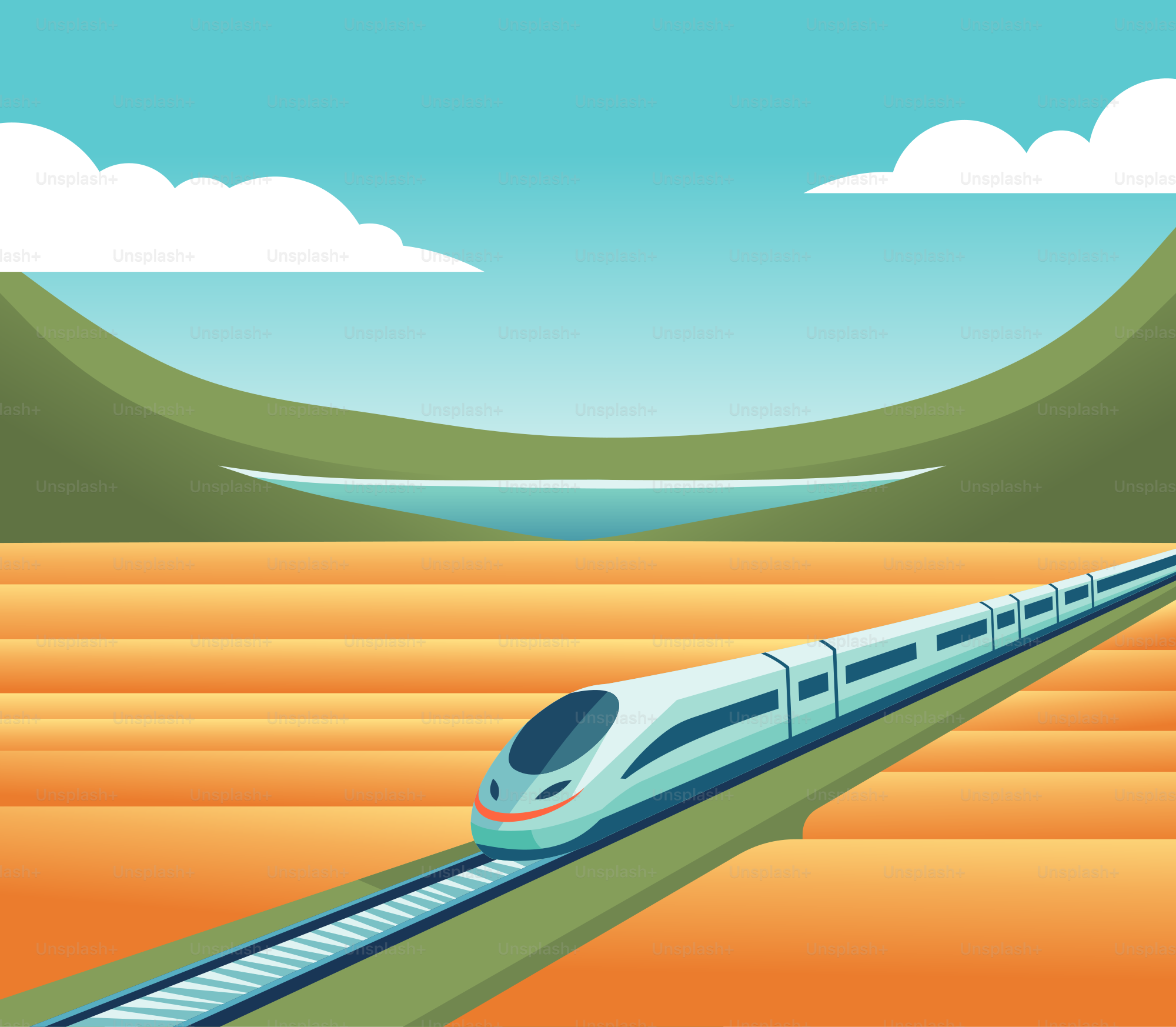 A high speed train traveling through a desert landscape