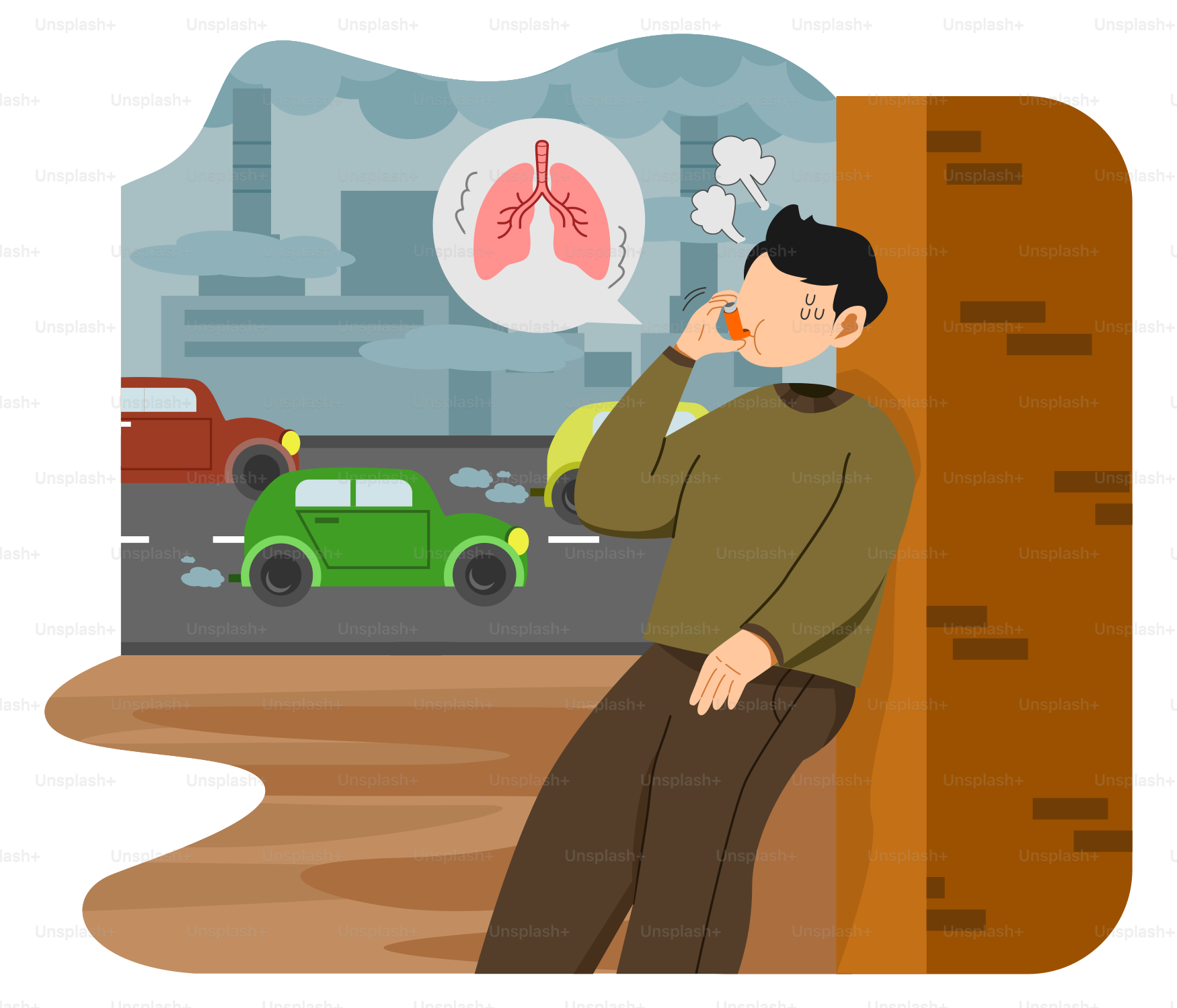 A man leaning against a wall with a green car in the background