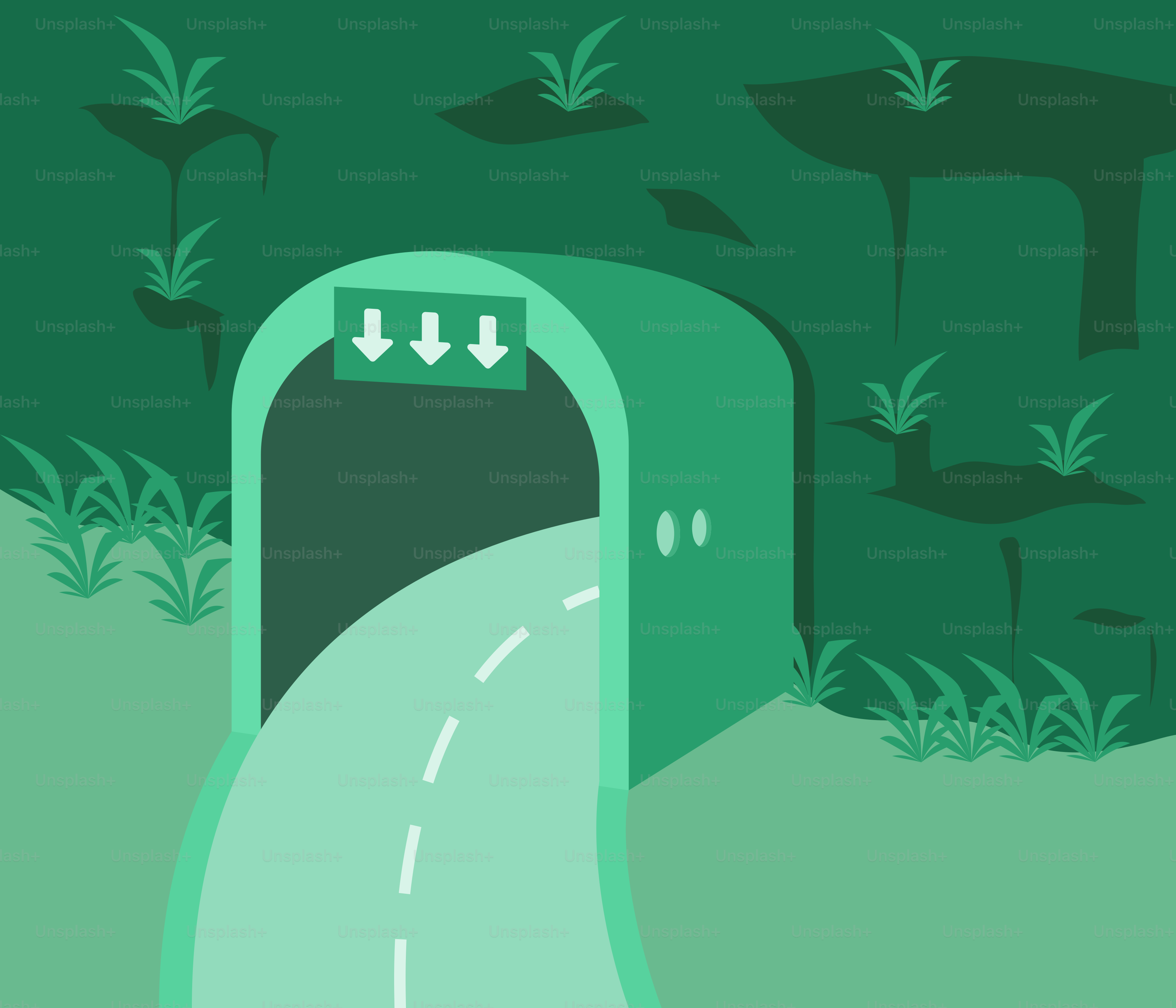 Une image de dessin animé d’une route menant dans un tunnel