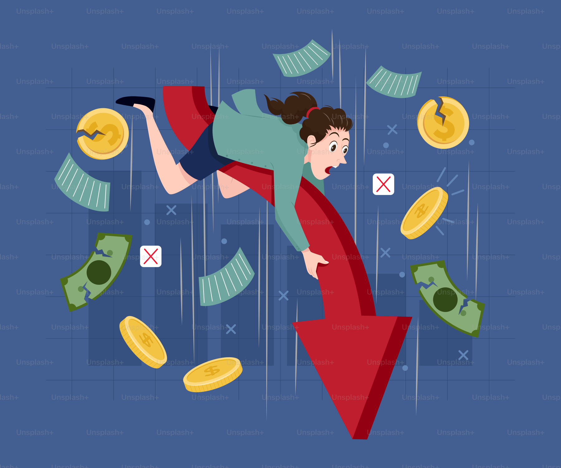 Una mujer volando por los aires encima de una flecha roja