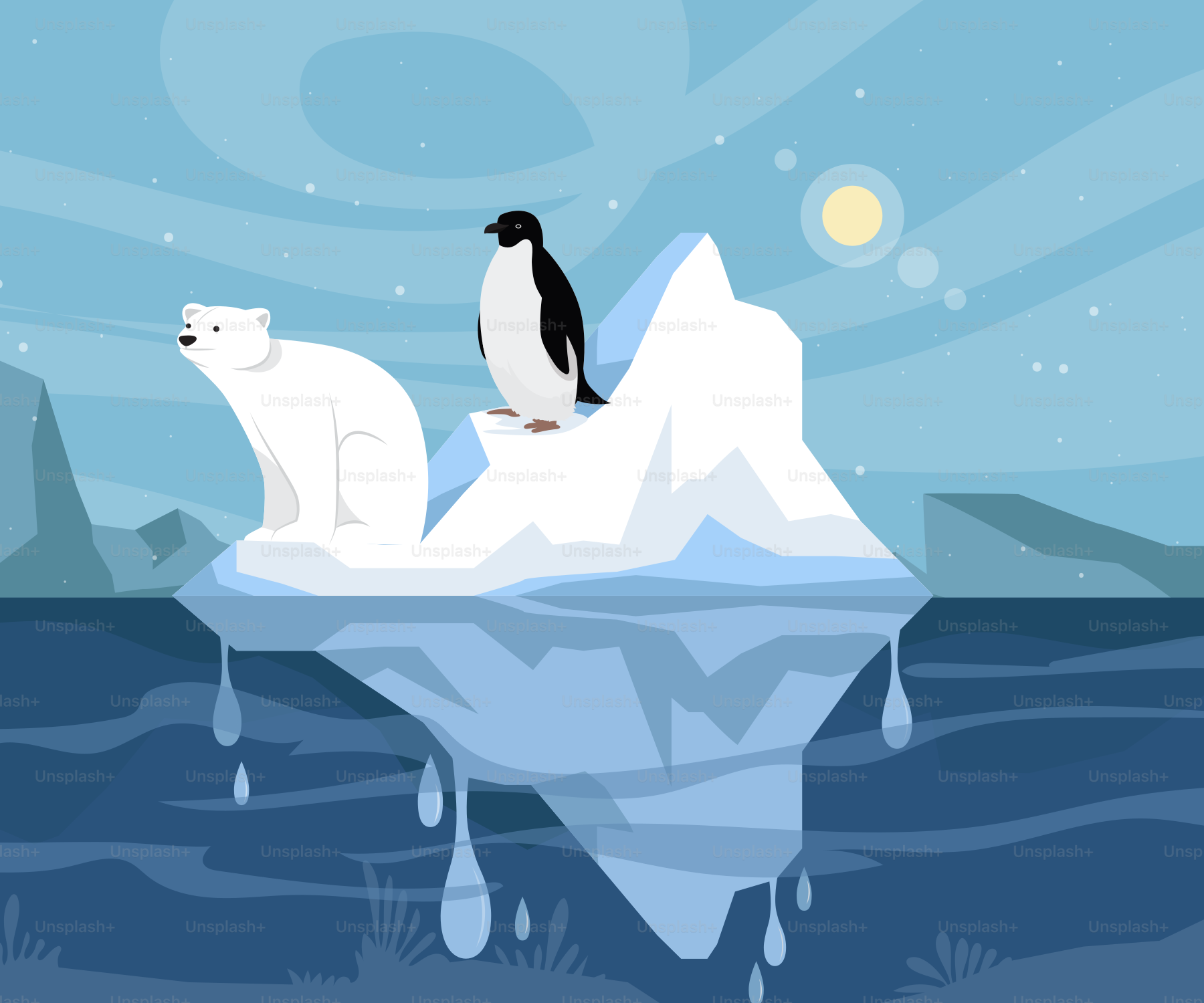 A penguin sitting on top of an iceberg