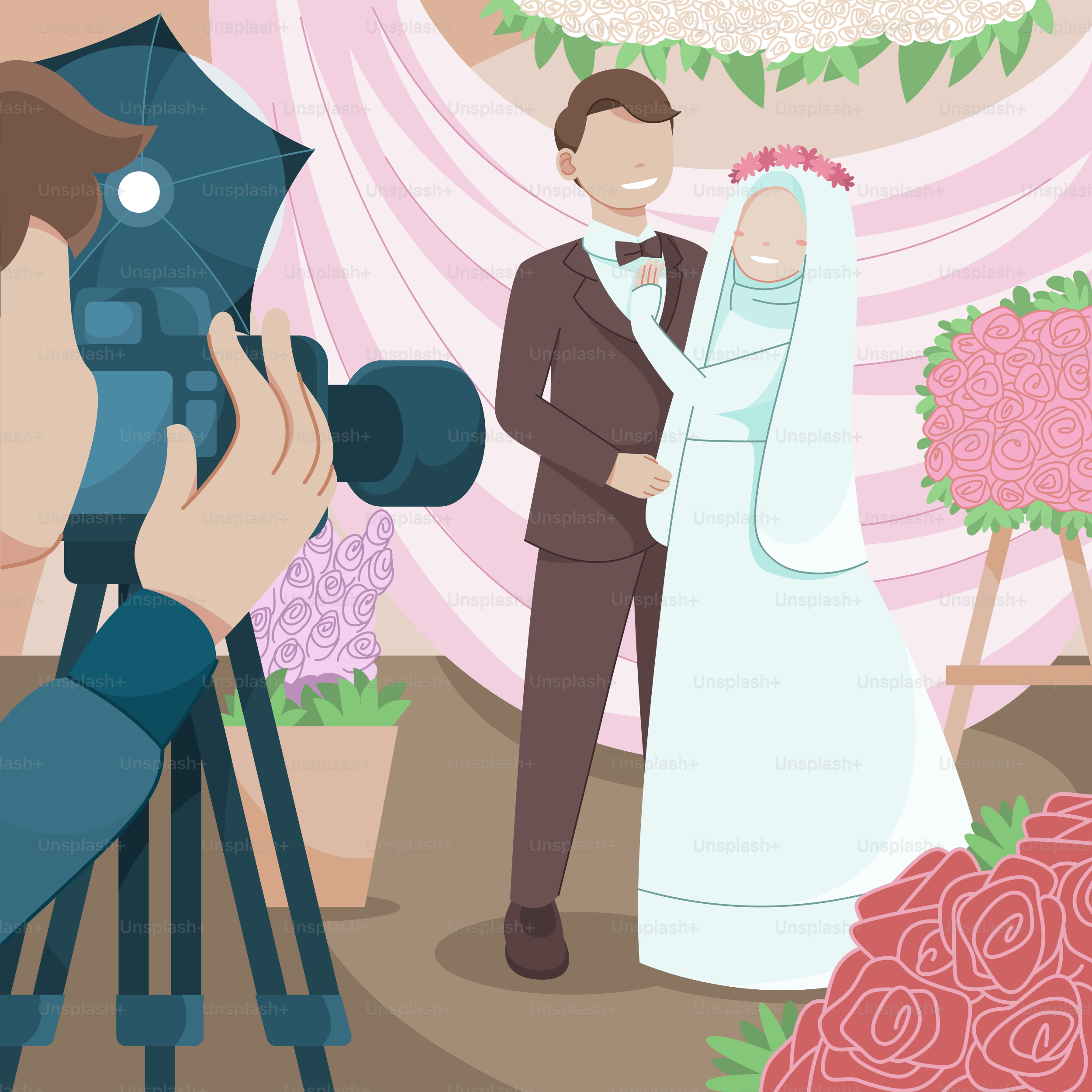 A cartoon of a bride and groom on their wedding day