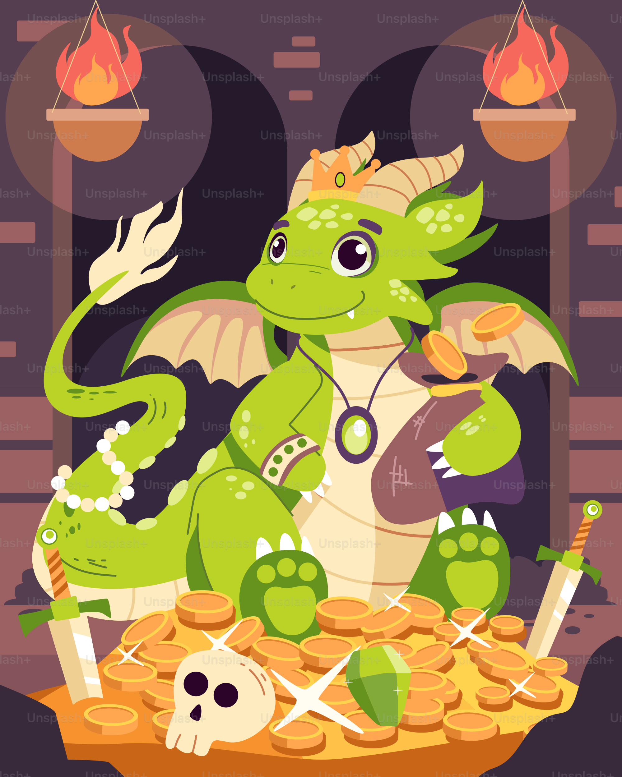 A green dragon sitting on top of a pile of gold coins vector ...