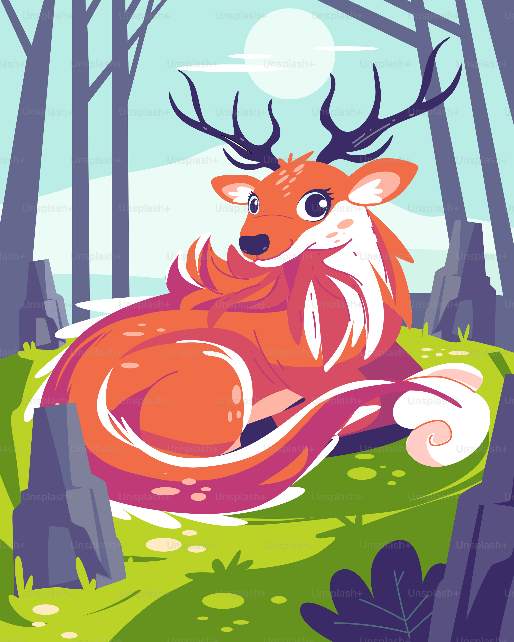 A picture of a deer sitting in the woods