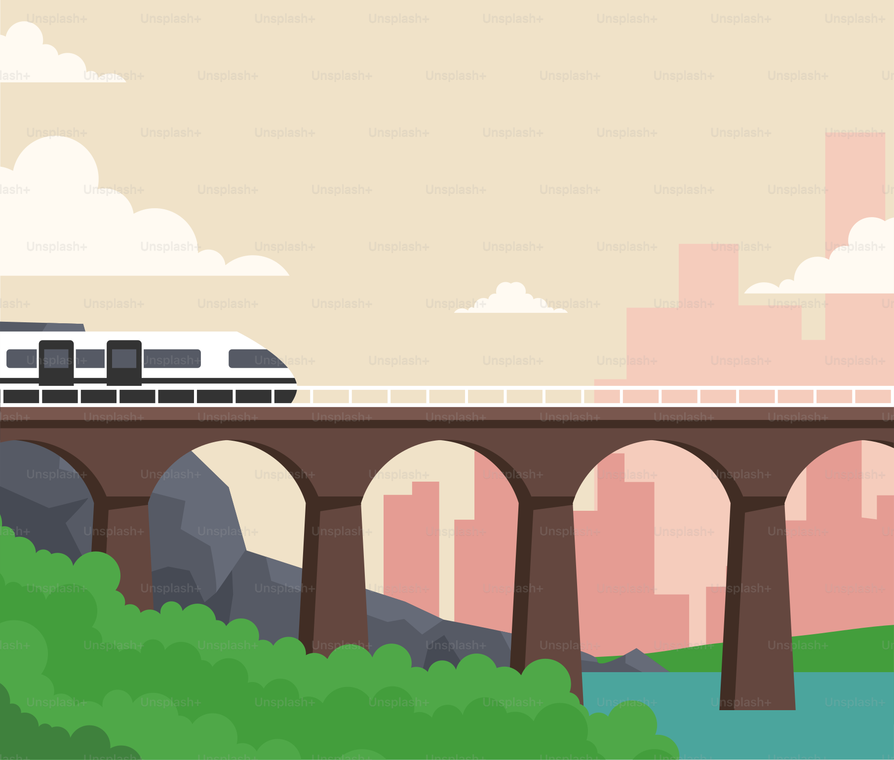 A train traveling over a bridge over a river