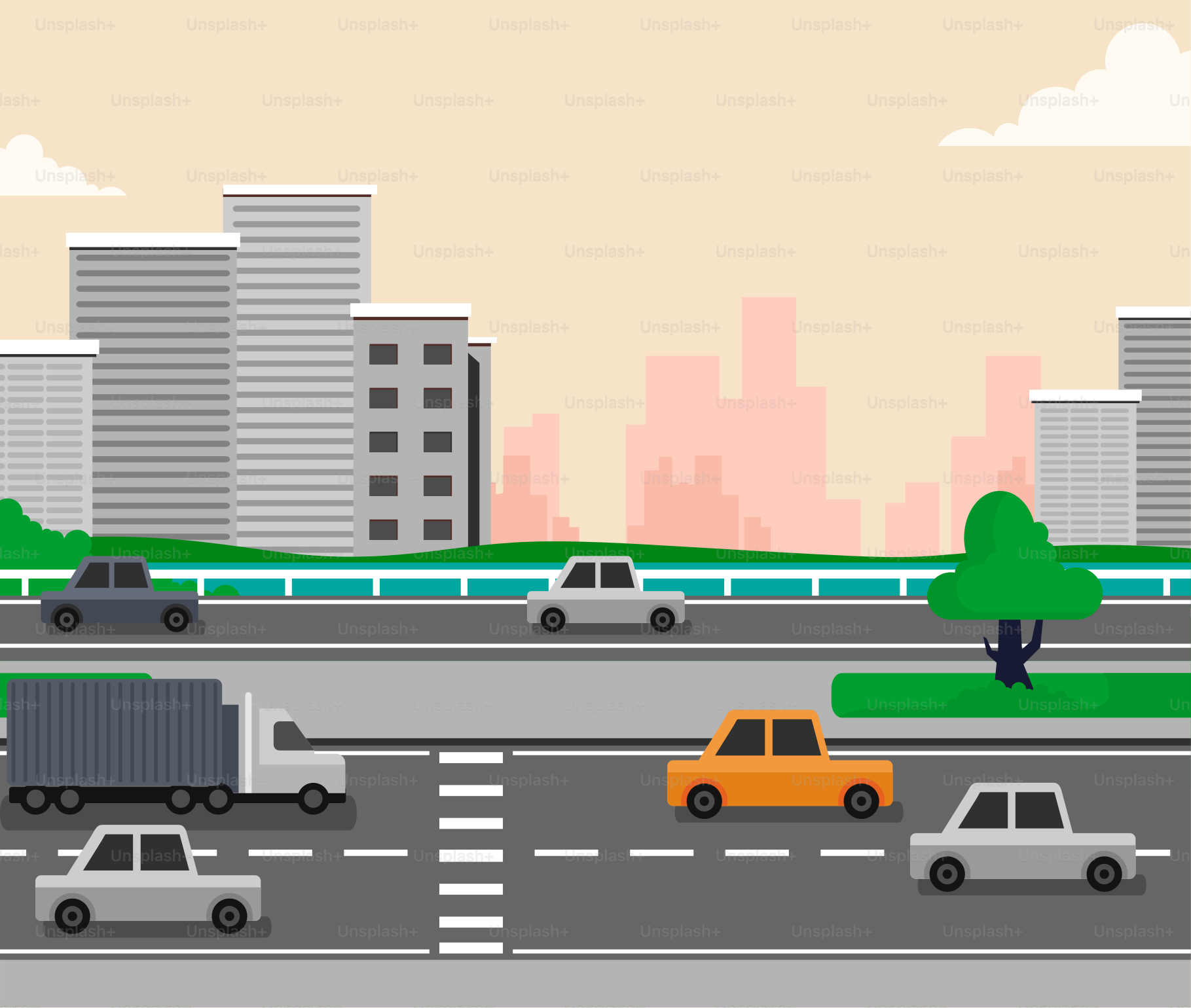 A city street with cars and a train on the tracks