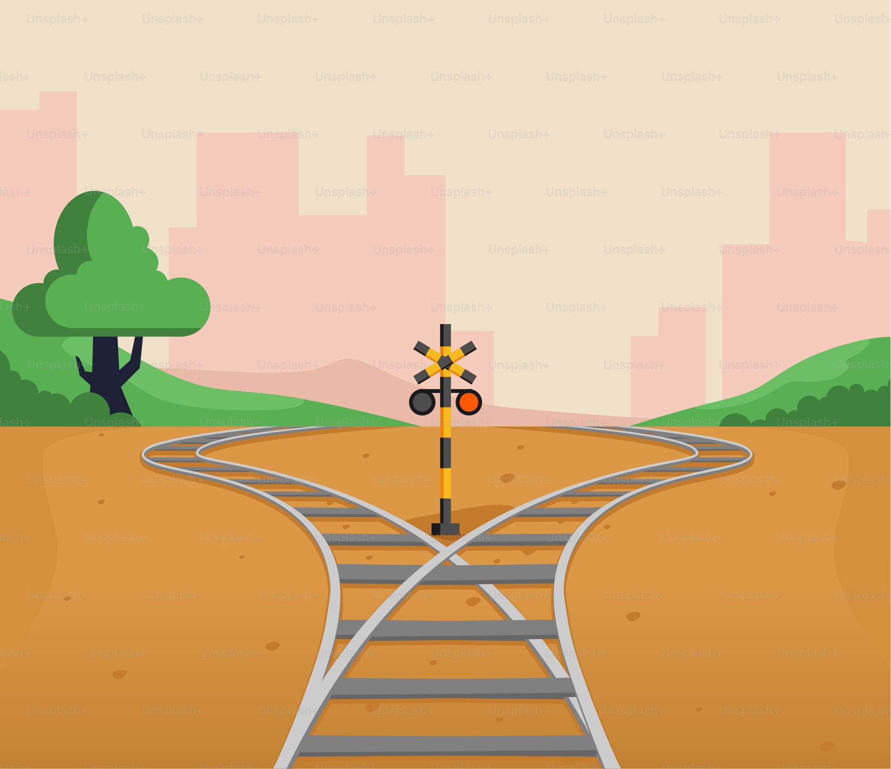 Um desenho animado de um trem cruzando uma linha férrea